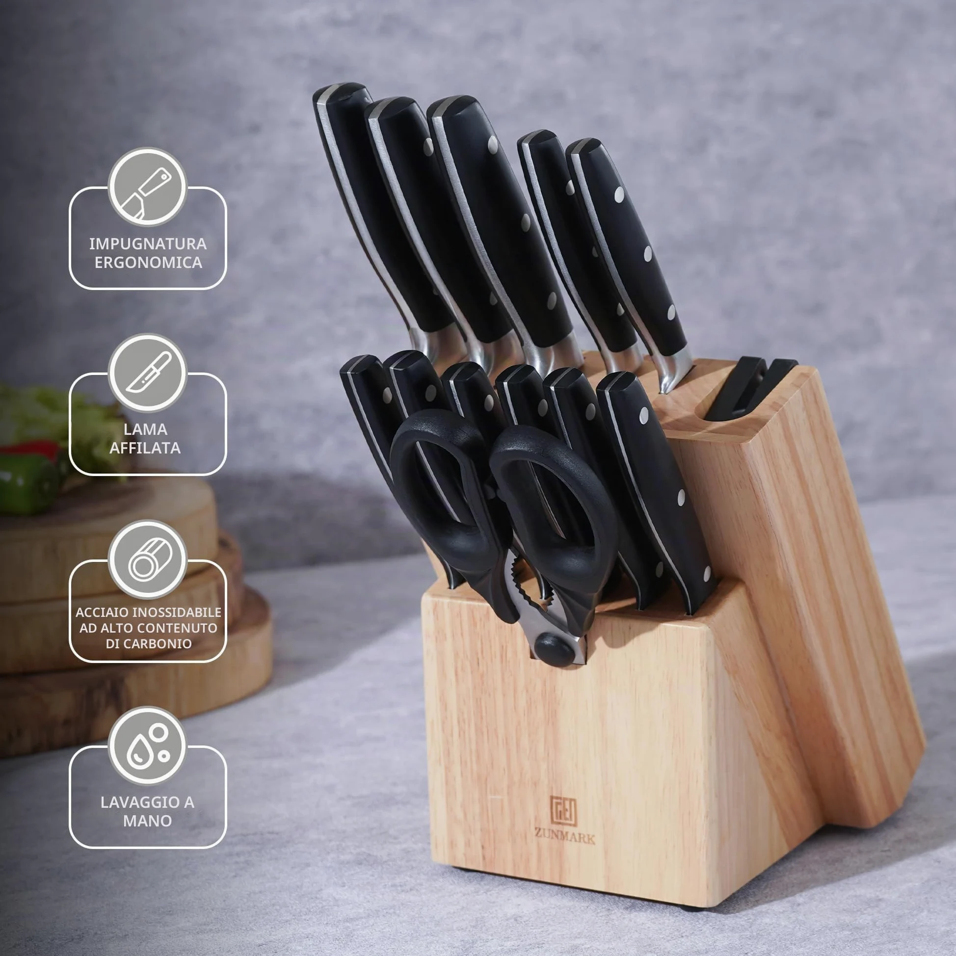 Set di Coltelli da Cucina 13 Pezzi Professionale con Blocco Legno e Affilatore Integrato, Coltelli Chef Affilati - Ideale per Casa e Ristoranti, Nero Elegante, Lavabile in Lavastoviglie