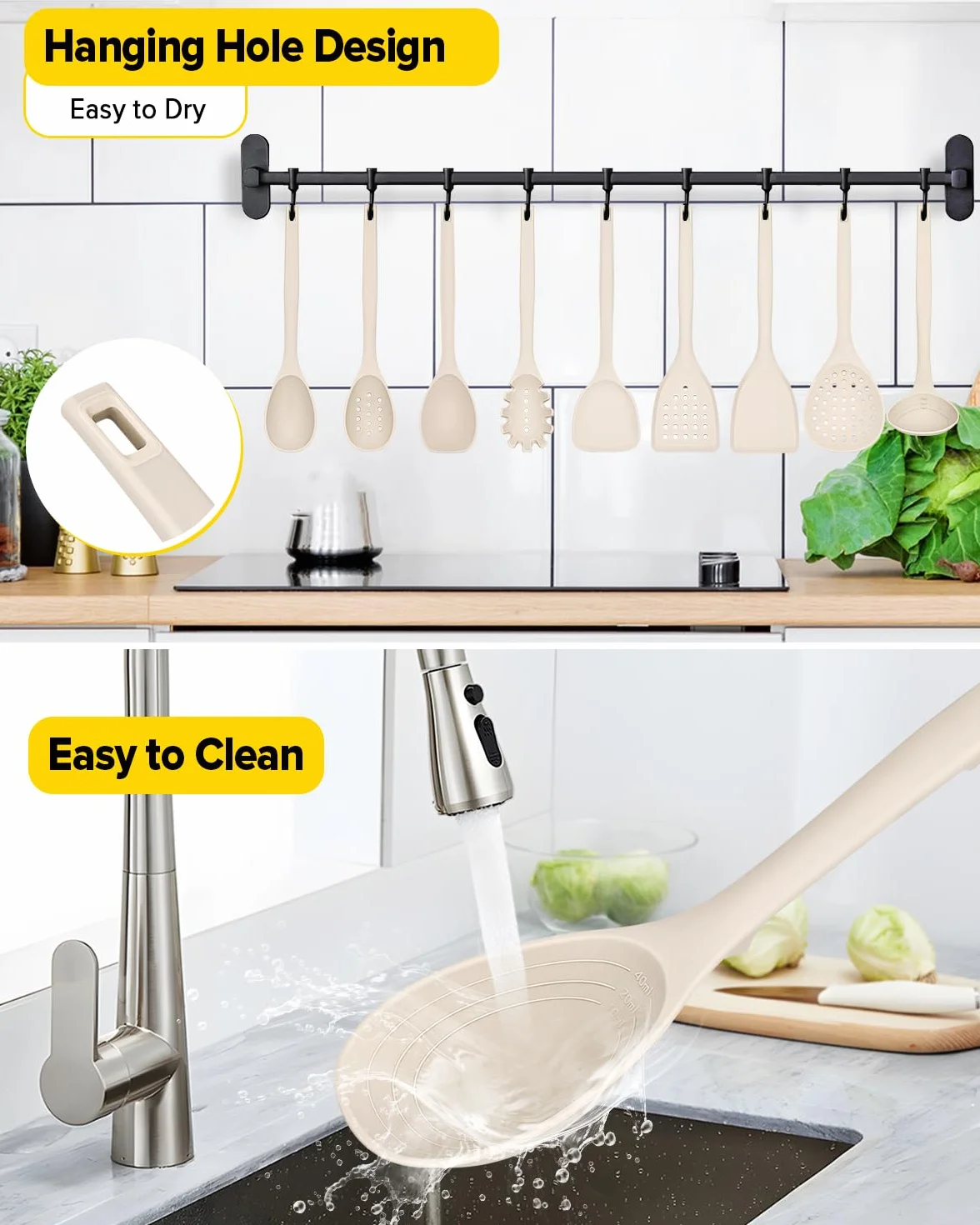 Set di 9 utensili da cucina in silicone, resistenti al calore, con ganci posteriori, senza BPA, con spatole, cucchiai, schiumarola e forchetta per pasta, per pentole antiaderenti (KHAKI)