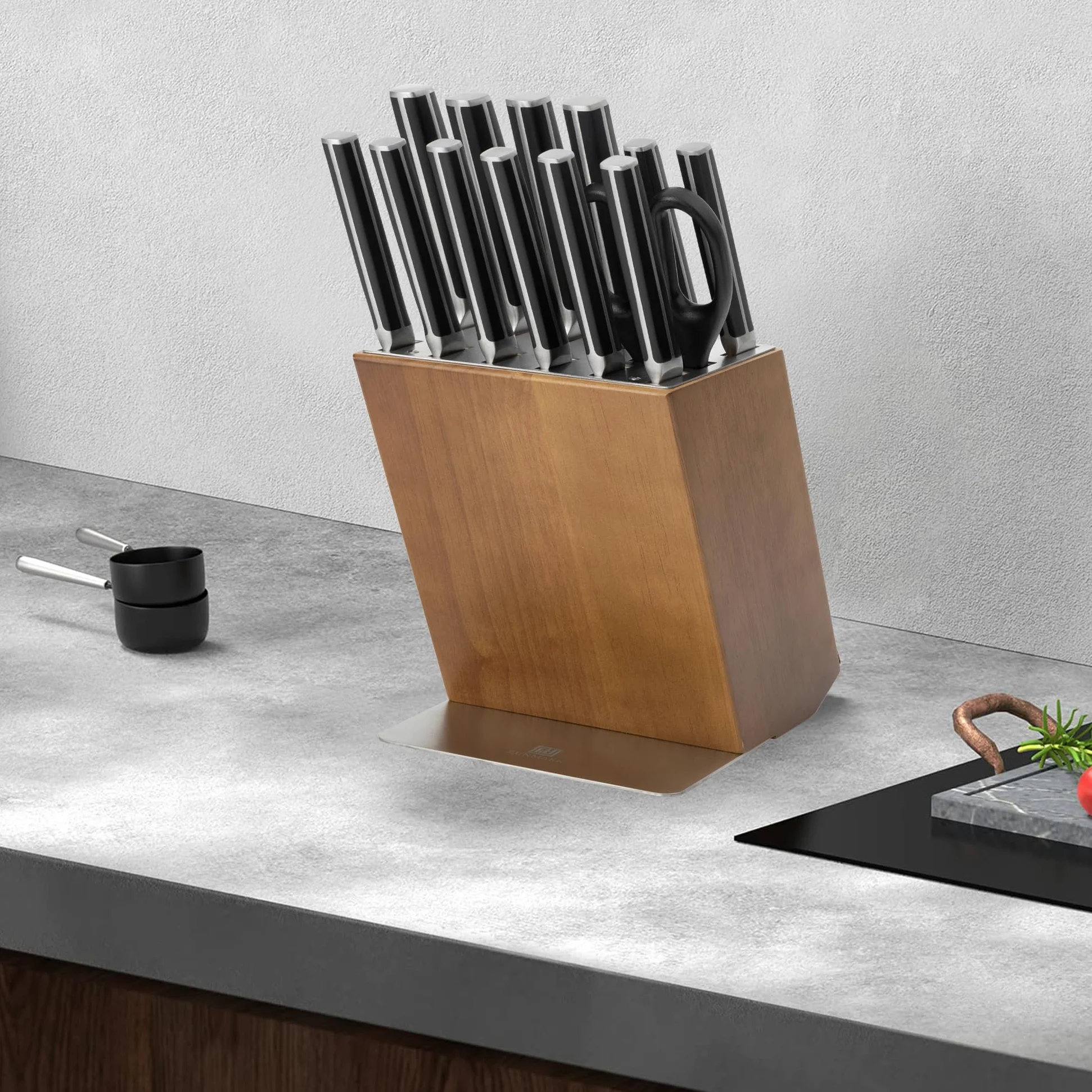 Set Coltelli da Cucina, 14 PZ con Portacoltelli, Acciaio Tedesco X50CrMoV15 Alto Carbonio, Design Salva-Spazio per Cucine Domestiche e Professionali, Nero