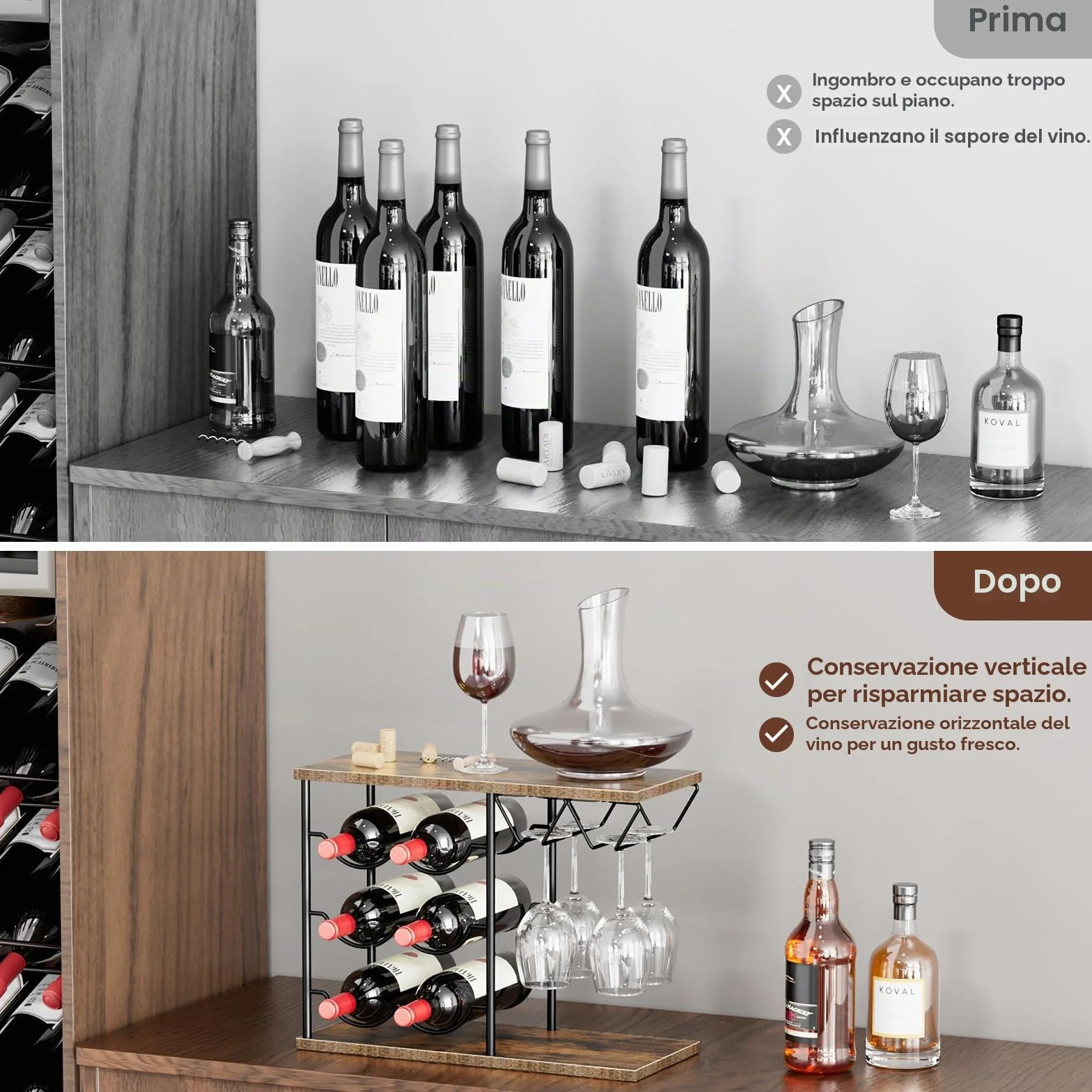 Nuovoware Portabottiglie da Tavolo per 6 Bottiglie 4 Bicchieri, Organizer Vino in Metallo e Legno