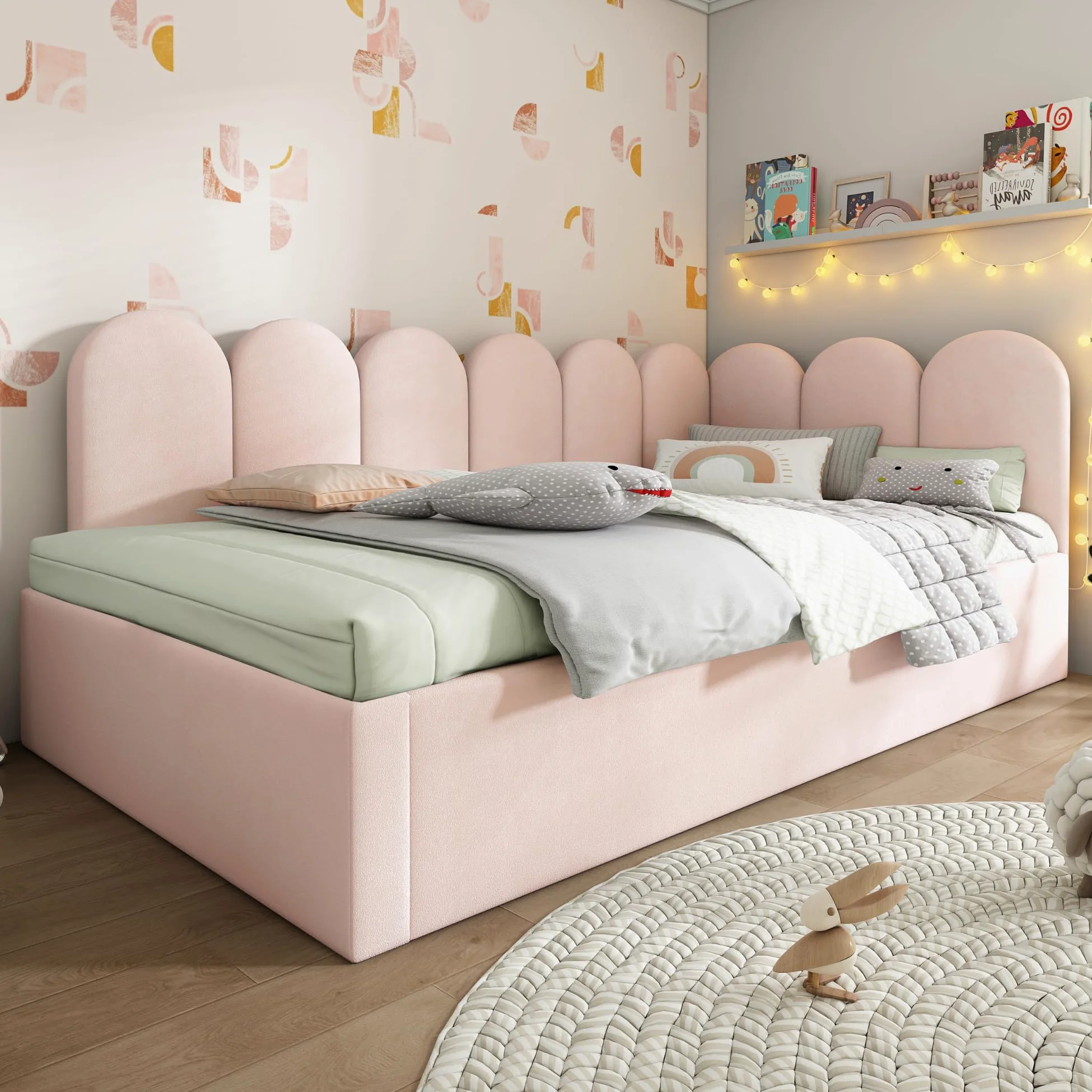 Letto imbottito, 90 x 200 cm, divano letto con letto estraibile, 90 x 190 cm, letto per bambini con rete a doghe, velluto, rosa, senza materasso
