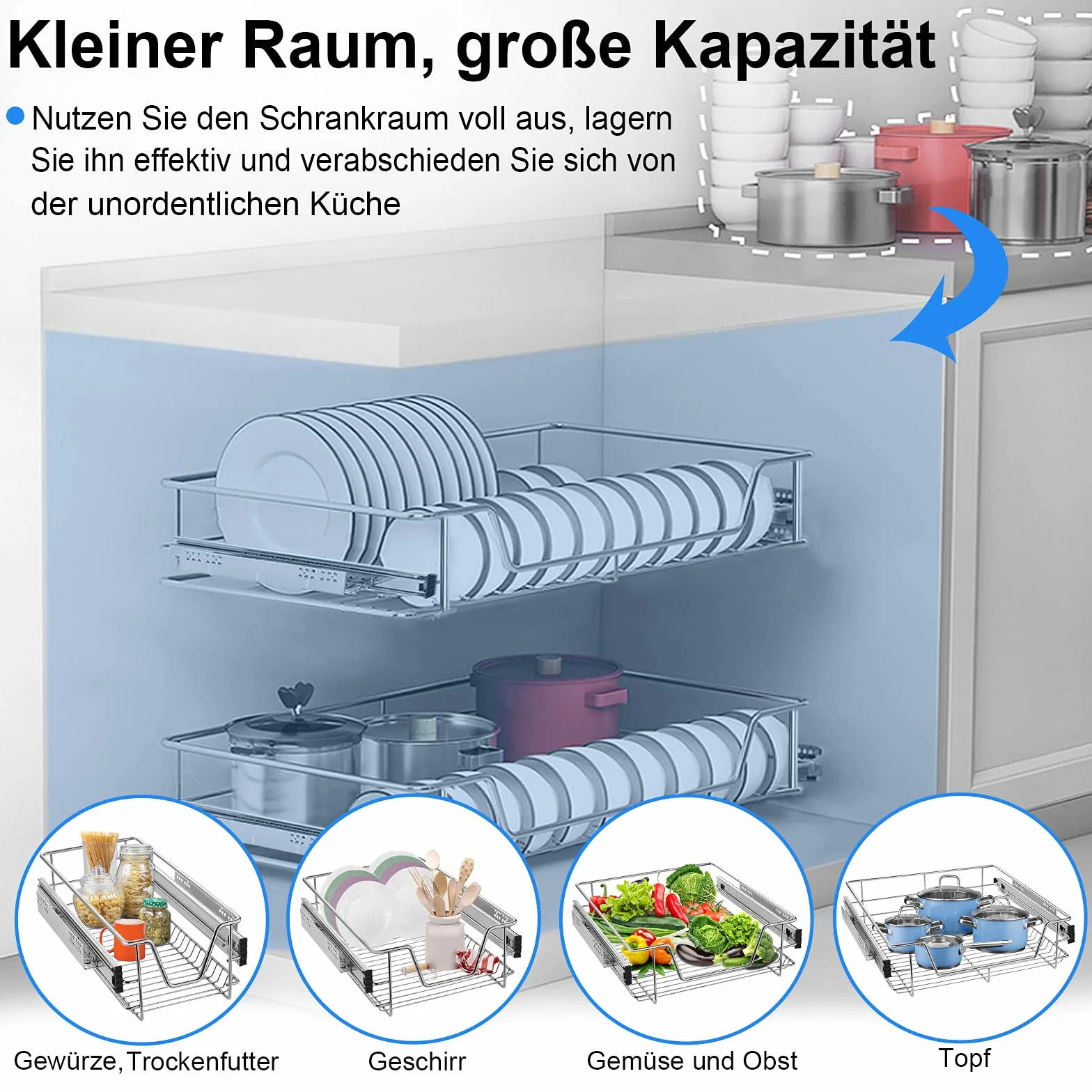 UISEBRT 4X Cassetto Telescopico Cucina 60cm - Mobili Cucina Cestello con Binario (60cm)
