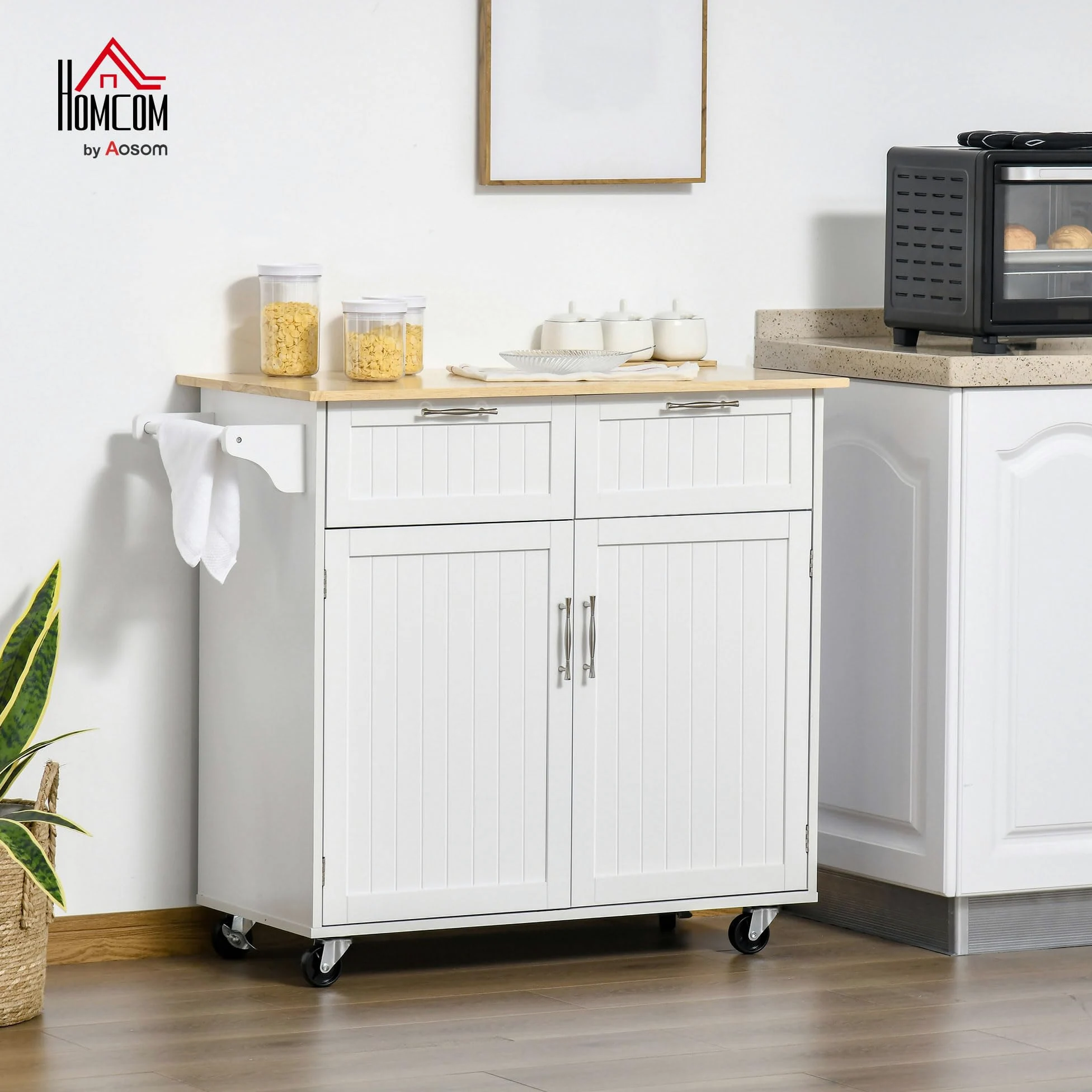 HOMCOM Isola Cucina con Piano di Lavoro in Legno di Caucciù, Carrello Cucina con Ruote, 2 Cassetti, Armadietto, Ripiani Regolabili e Porta Asciughini, in Legno MDF, 104x46x91cm, Bianco