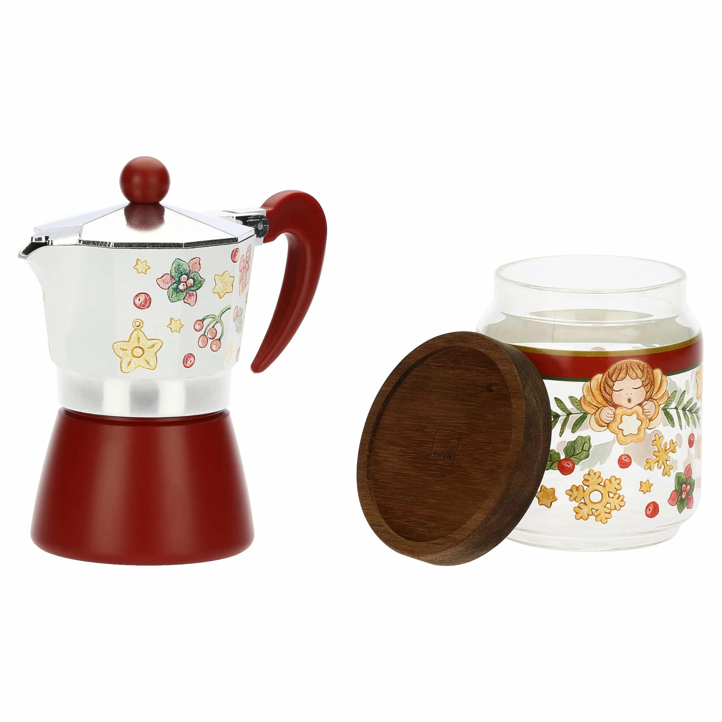 THUN, Set Caffettiera e Barattolo Porta Caffè in Vetro Borosilicato e Tappo in Acacia, Collezione Sorprese di Natale, Idea Regalo per Natale, Caffettiera Ø 15,6 cm h, Barattolo 400 ml, Ø 8,9 cm