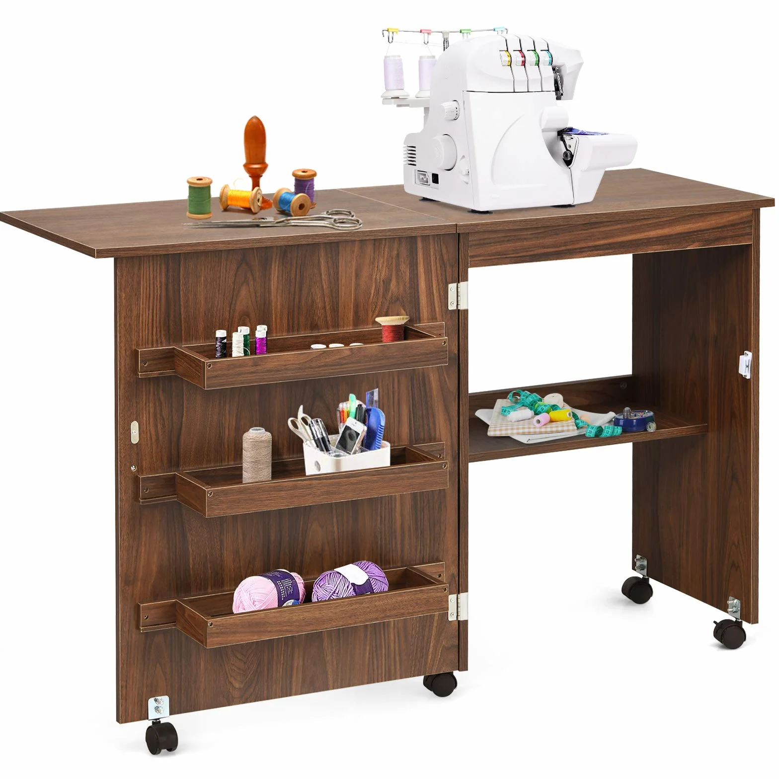 LIFEZEAL Armadietto per Cucito, Tavolo per Macchina da Cucire, Tavolo da Stiro, 5 Ruote, 3 Mensole e 1 Ripiano, Piano Pieghevole, 117x40x 77cm, Legno, Marrone