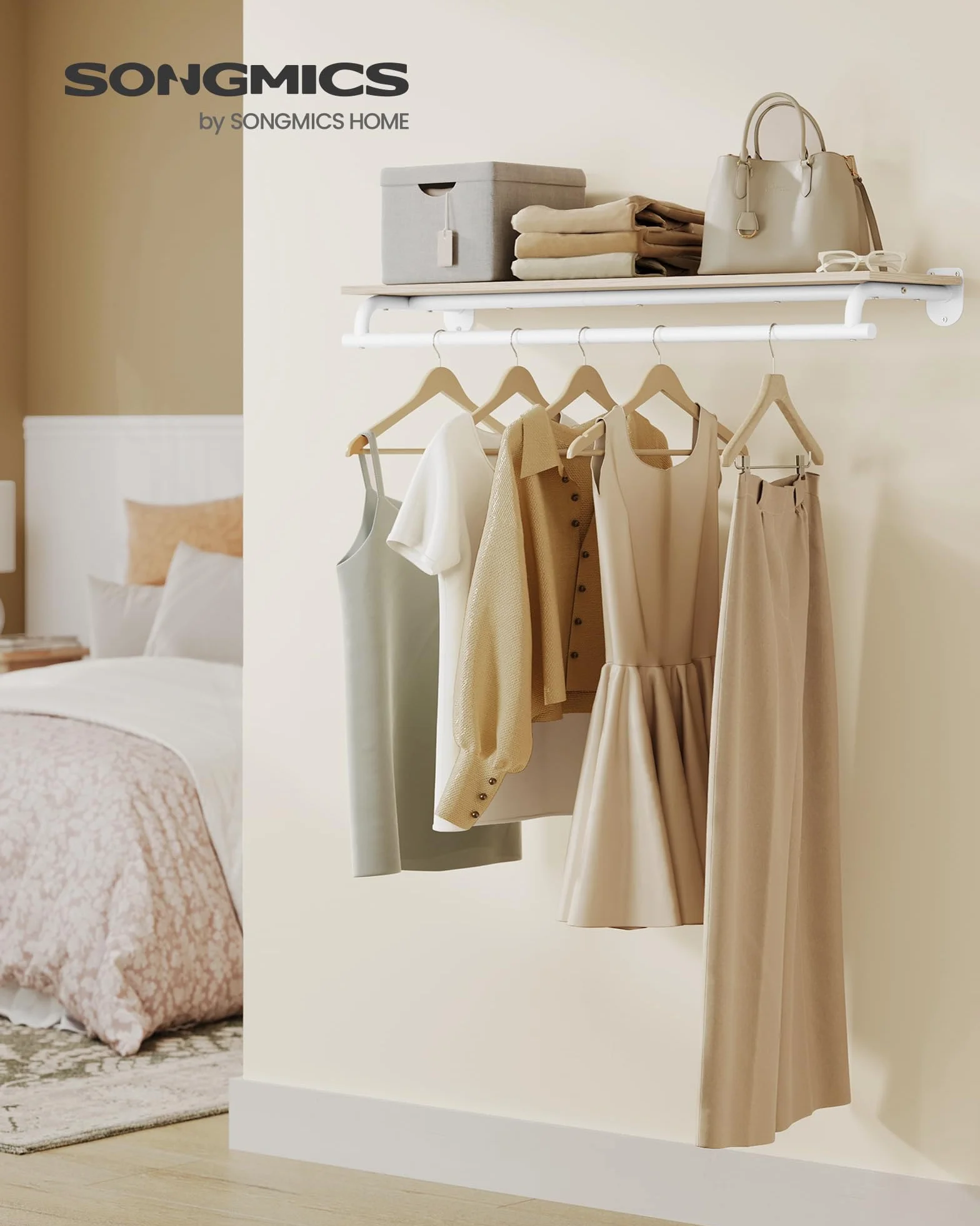 SONGMICS Appendiabiti da Parete, Barra Appendiabiti con Mensola da Muro, Portata Totale 35 kg, 28 x 109 x 13,2 cm, Camera da Letto Cabina Armadio, Beige Naturale e Bianco Nuvola HSR135W01
