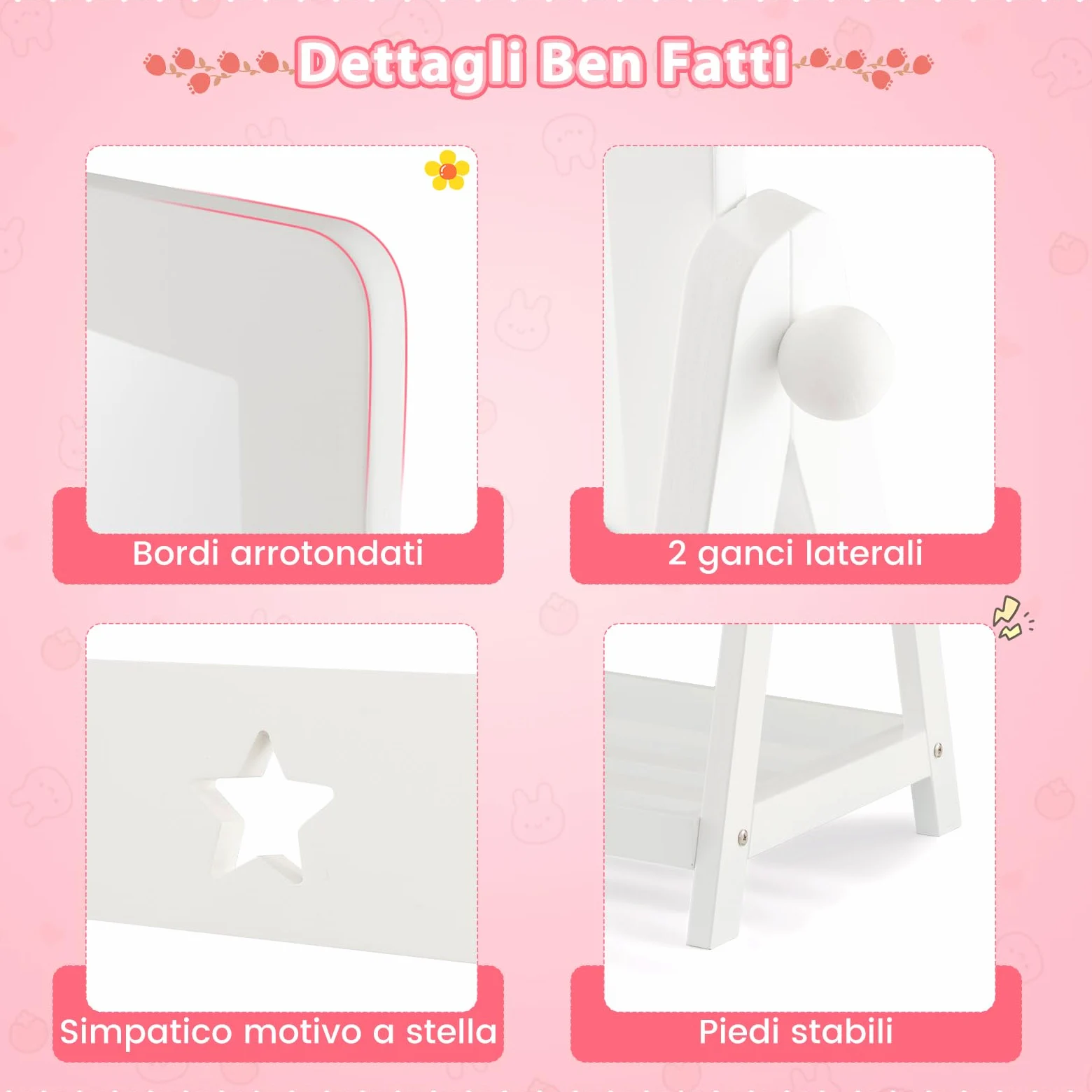 COSTWAY Specchio da Terra per Bambini in Legno con Scaffale Contenitore, Specchio per Cameretta Girevole con Cesto Ripiegabile, 45 x 40 x 112 cm, Bianco
