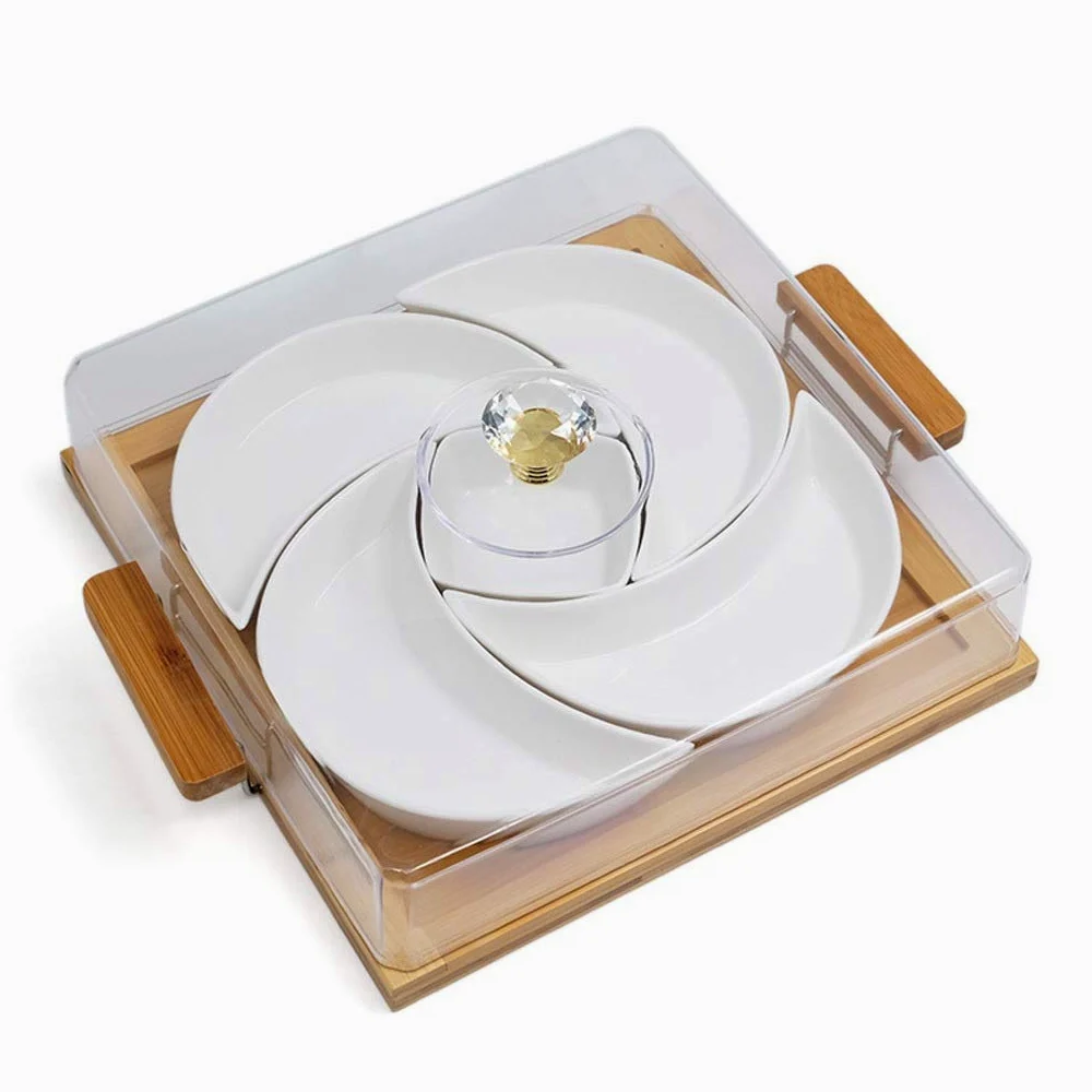 Separated Ceramic Dried Fruit Platter Square Snack Candy Nut Box Combination with Lid Snack Tray