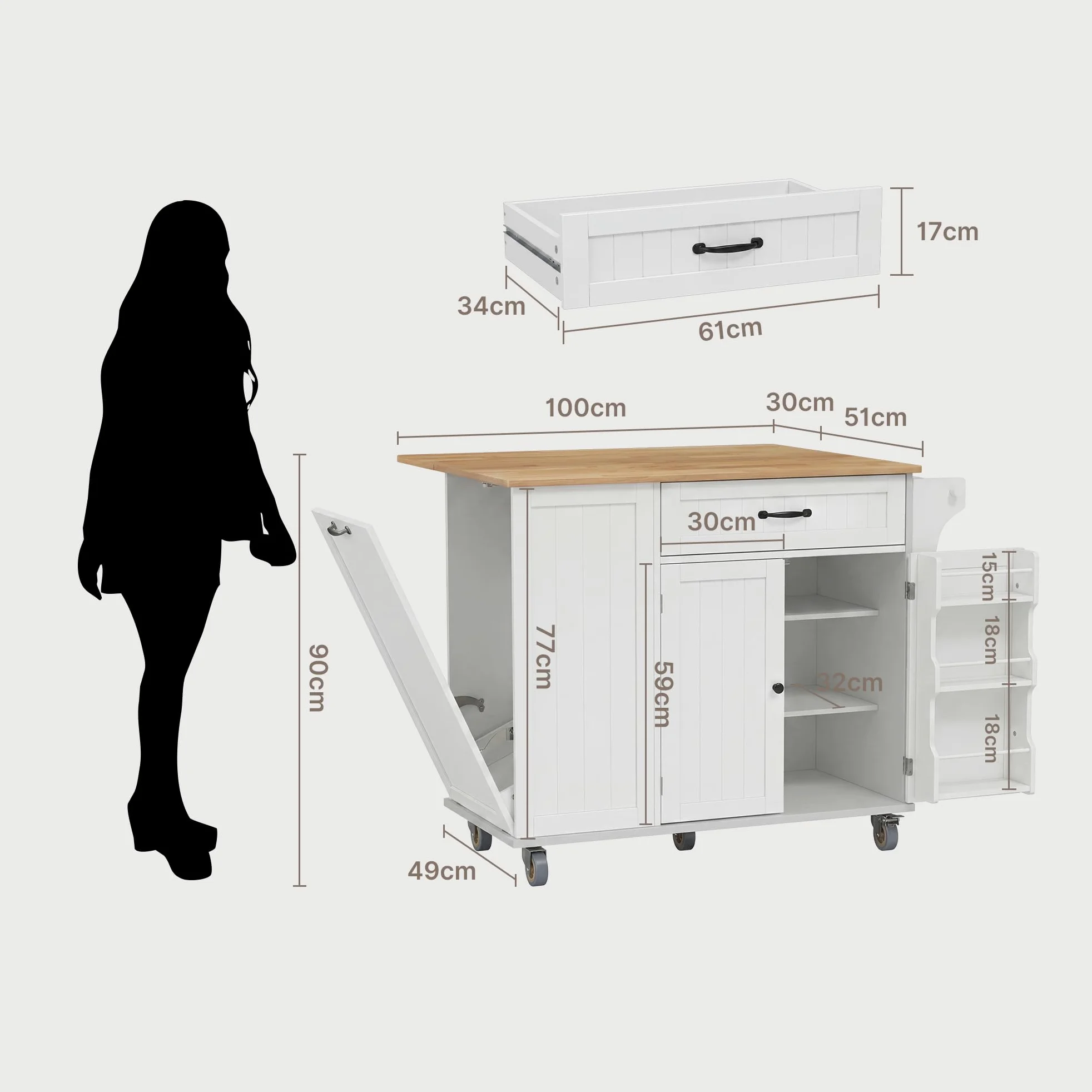 Xbro Isola Cucina con Piano di Lavoro Pieghevole e Ruote, Penisola Cucina Salvaspazio con Cassetto, Vano Pattumiera, Portacoltelli e Portasciugamani, Mobile Cucina 113 x 51 x 90 cm