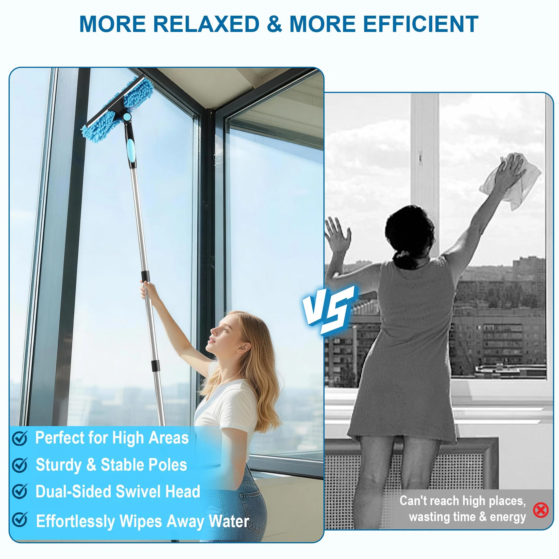 Lavavetri 3 in 1 Professionale con Manico Telescopico 170 cm, Tergicristallo Staccabile per Vetri e Finestre Alte