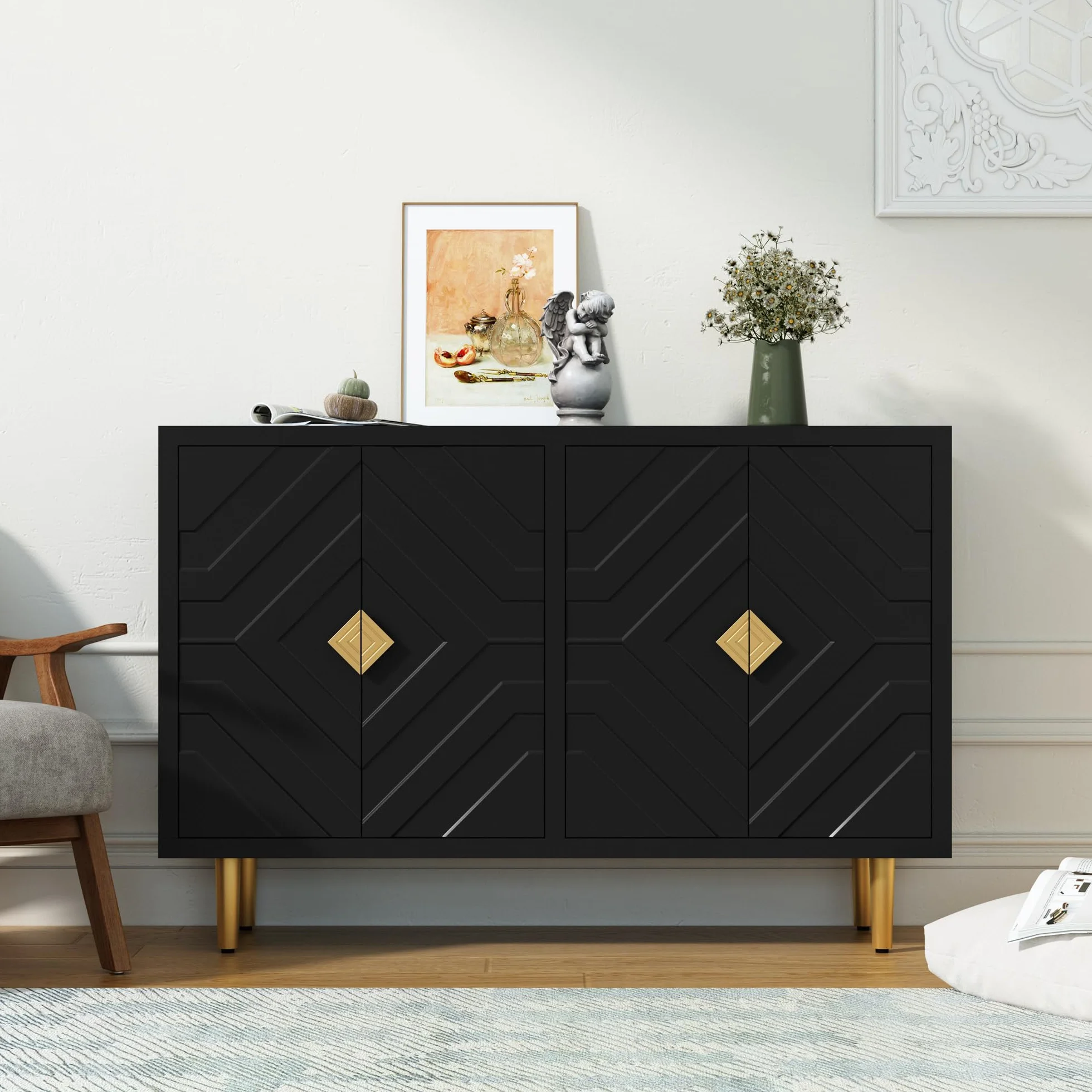 HOLTICO Credenza Moderna con 4 Ante, Armadietto con Design a Rilievo Geometrico, Mobile Multifunzione per Soggiorno, Cucina e Camera da Letto, 4 Colorazioni Esclusive, Nero Scuro