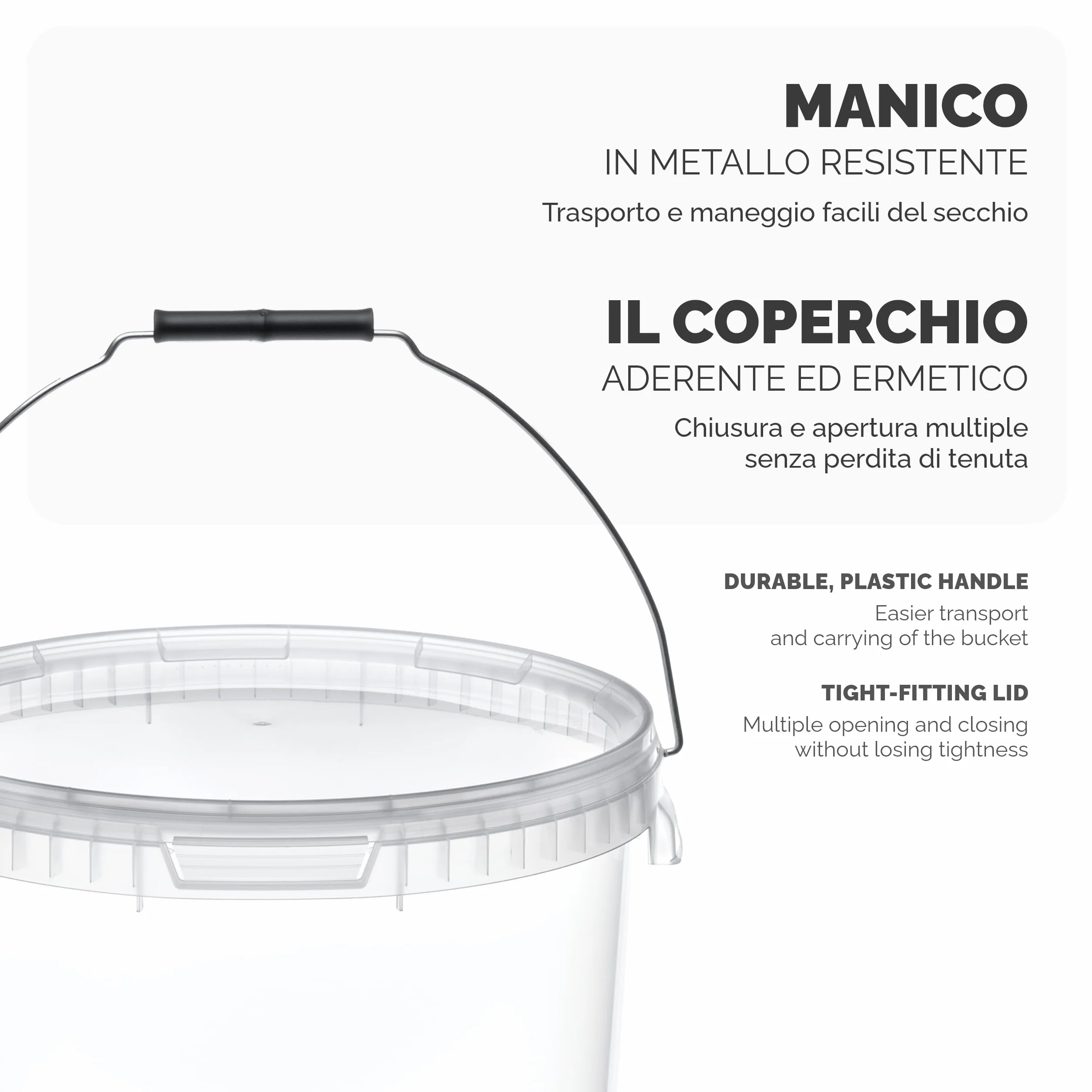 Garronda Secchio con Coperchio 20 L per la conservazione di Prodotti Alimentari e chimici 10 Pezzi Trasparente GD-0072