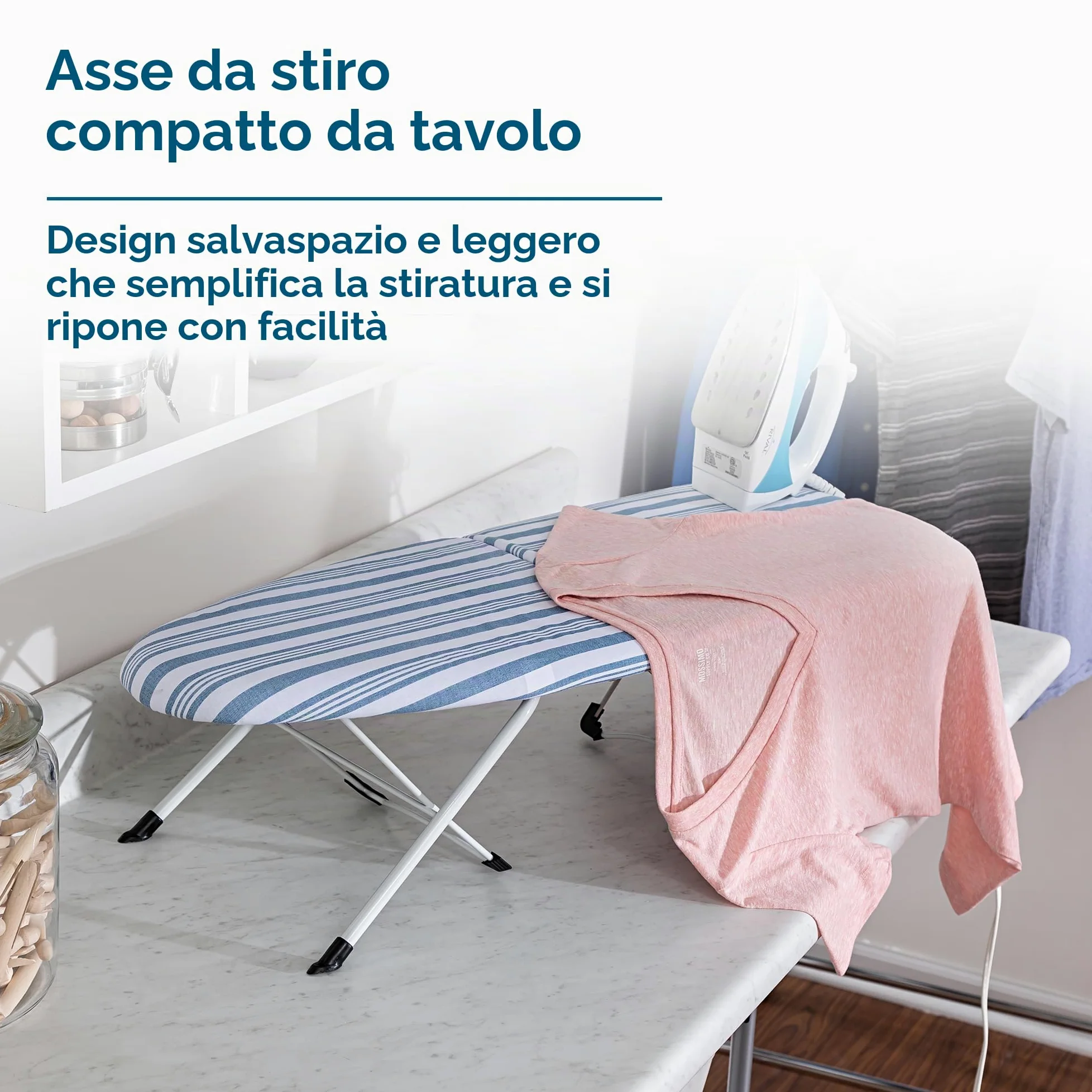 Honey Can Do BRD-01292 ASSE da Stiro Pieghevole da Tavolo, Telaio Bianco/Fodera A Strisce Blu, 31.5x8.13x42.01 cm