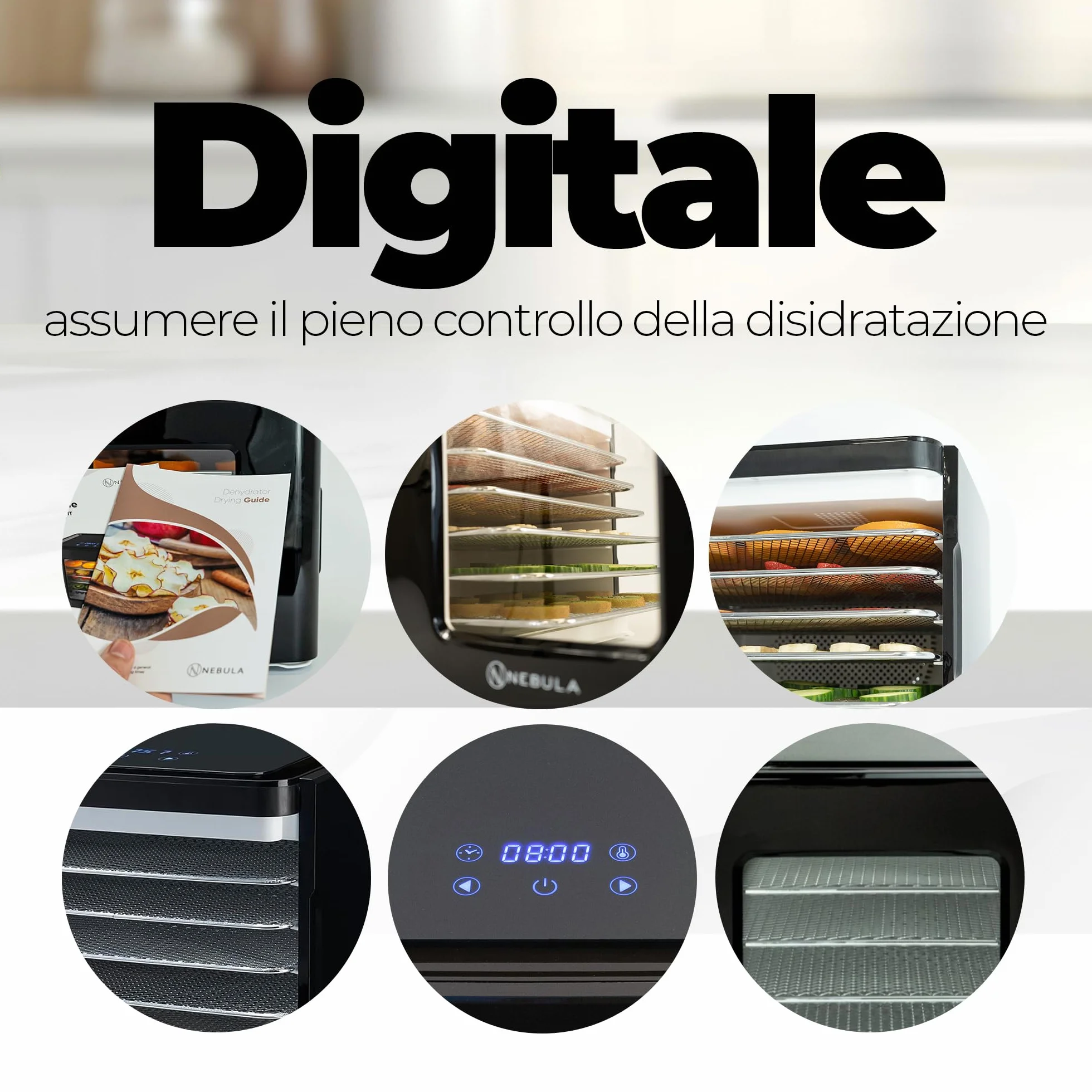 Nebula Essiccatore Alimentare 400W Con 6 Vassoi Inox | Display Touch LED, Temperatura Regolabile 35-70°C, Timer 48h | Disidratatore Per Frutta, Verdura, Carne, Snack E Erbe