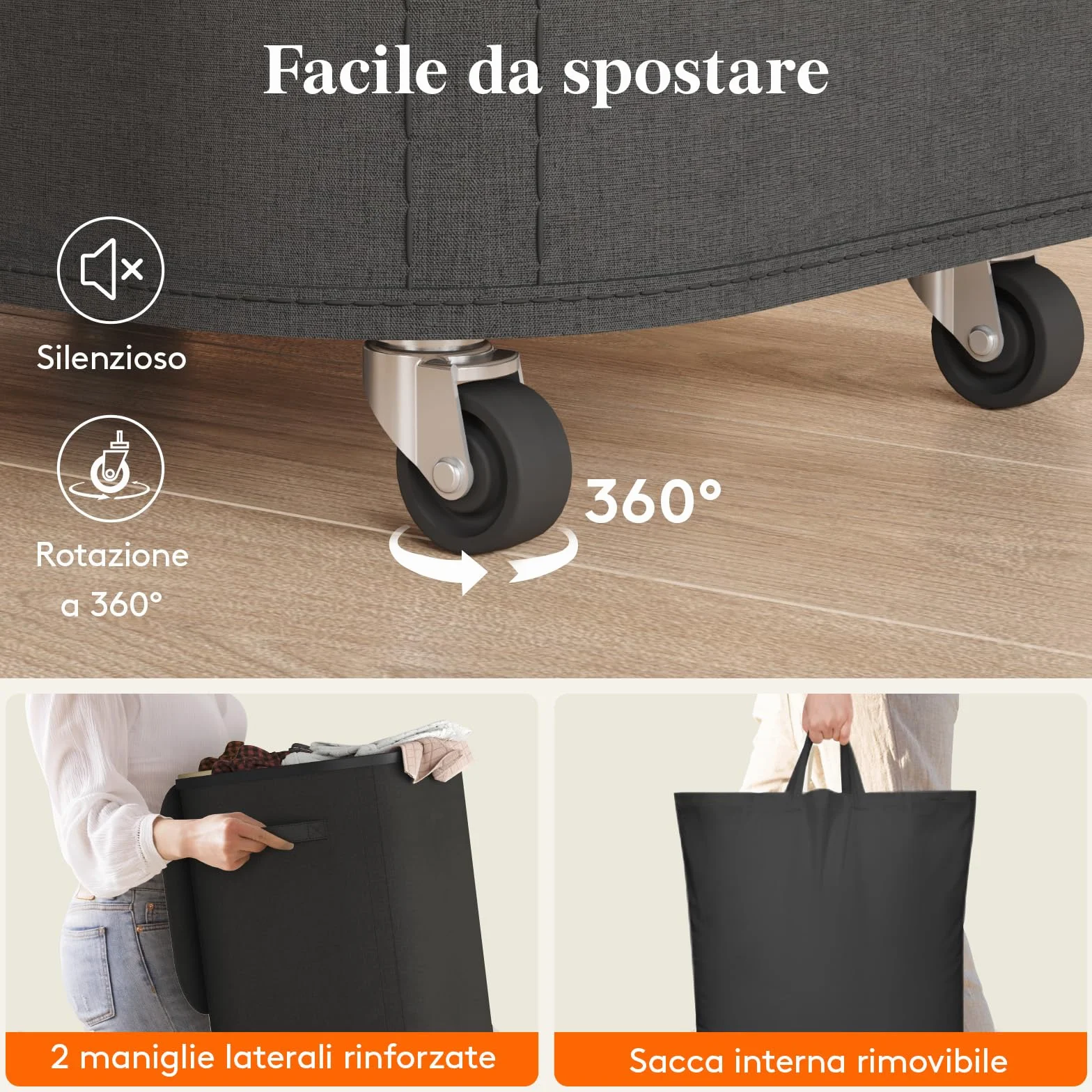 Lifewit Cesto Porta Biancheria Sporca con Coperchio e Ruote, Portabiancheria Pieghevole con Sacco Rimovibile, Laundry Basket per Camera da Letto, Bagno e Lavanderia, 85L, Nero