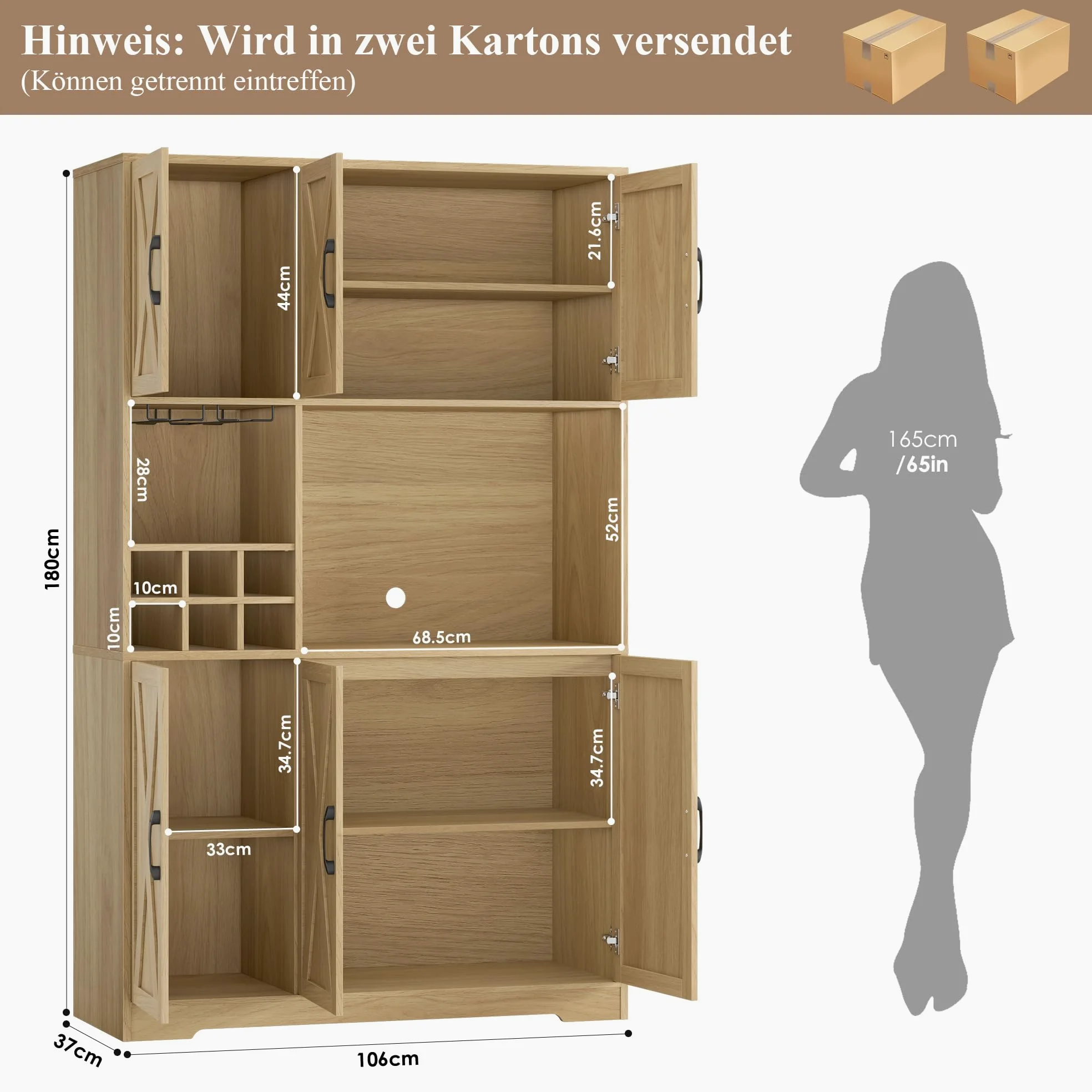 HOCSOK Credenza Cucina, Alta Dispensa Cucina con 6 Armadietti, Rimovibile Portabottiglie da parete con porta calici, Microonde con Ripiani Aperti, mobile soggiorno, Bianco (Marrone)