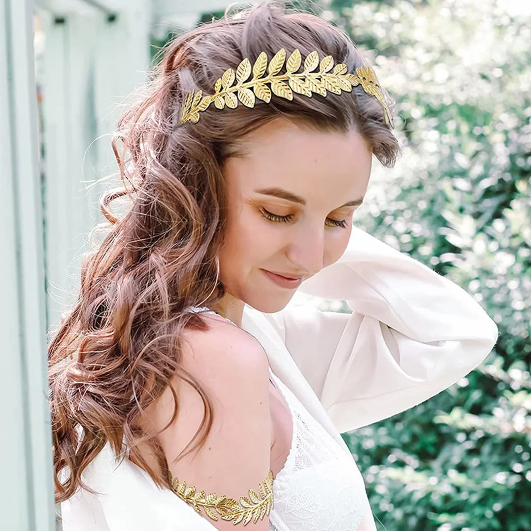Corona Dea Tiara Orecchini Foglia Oro Perla Bracciali Boho Accessori per Capelli Foglie Corone Romane per Matrimonio