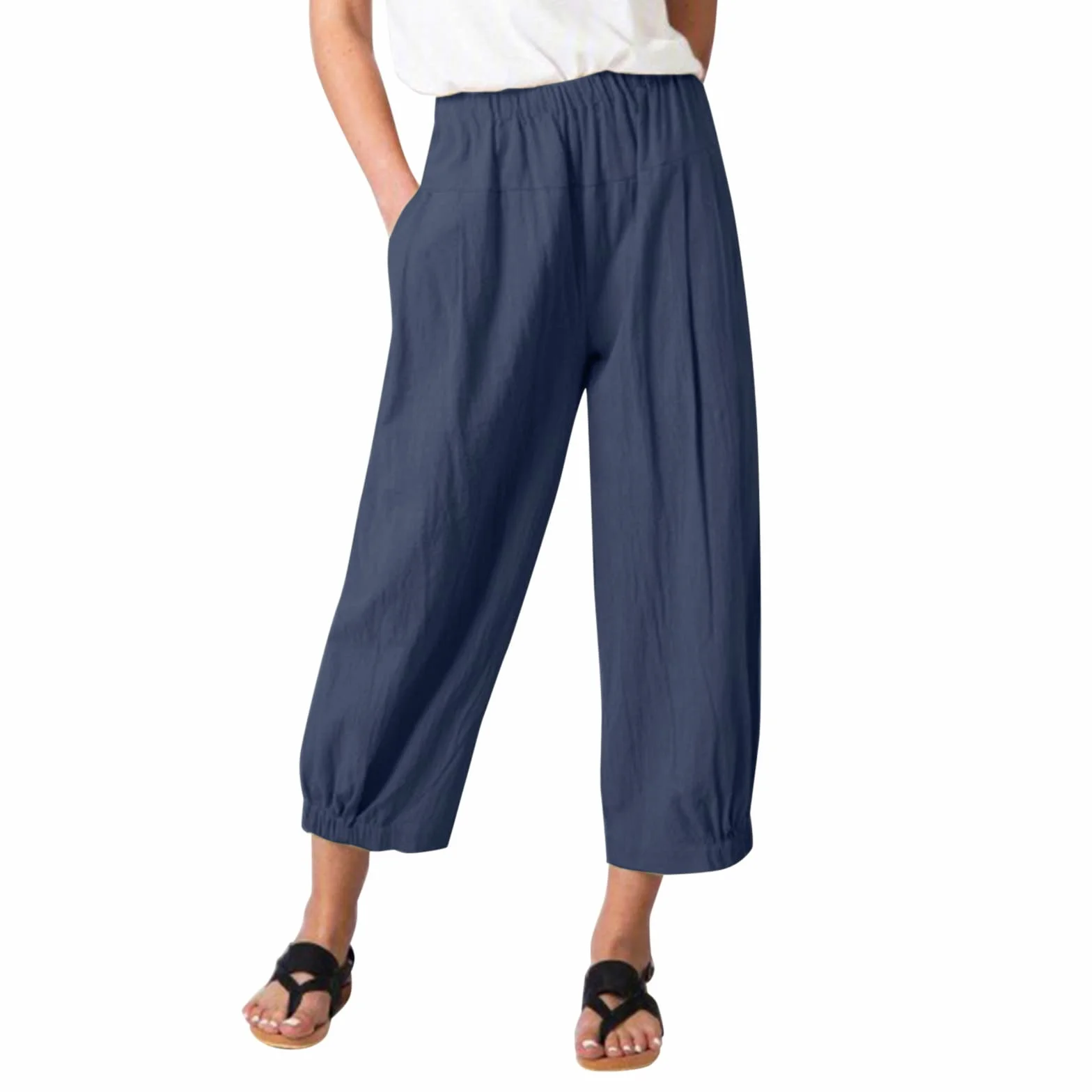 Pantaloni Pinocchietto Donna Estivi Pantaloni Lunghi Elastici in Lino di Cotone Tinta Unita Moda Donna Pantaloni da Spiaggia per Il Tempo Libero Pantaloni Corti Pantaloni 2024