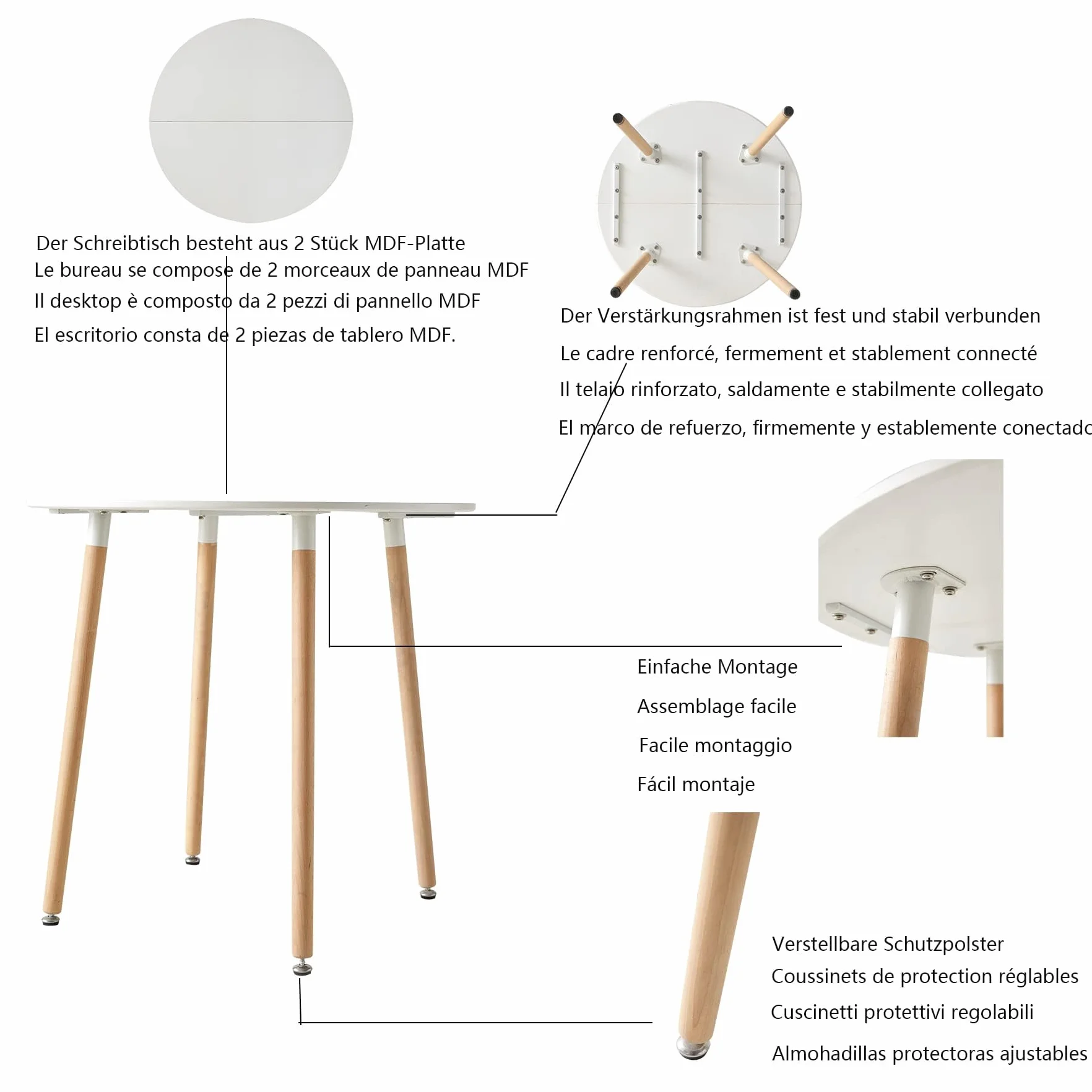 GrandCA HOME Tavolo da Pranzo e 4 Sedie da Pranzo Set da Pranzo Moderno, Struttura di Giunzione Tavolo Rotondo da Tavolo e Sedie da Cucina Beige