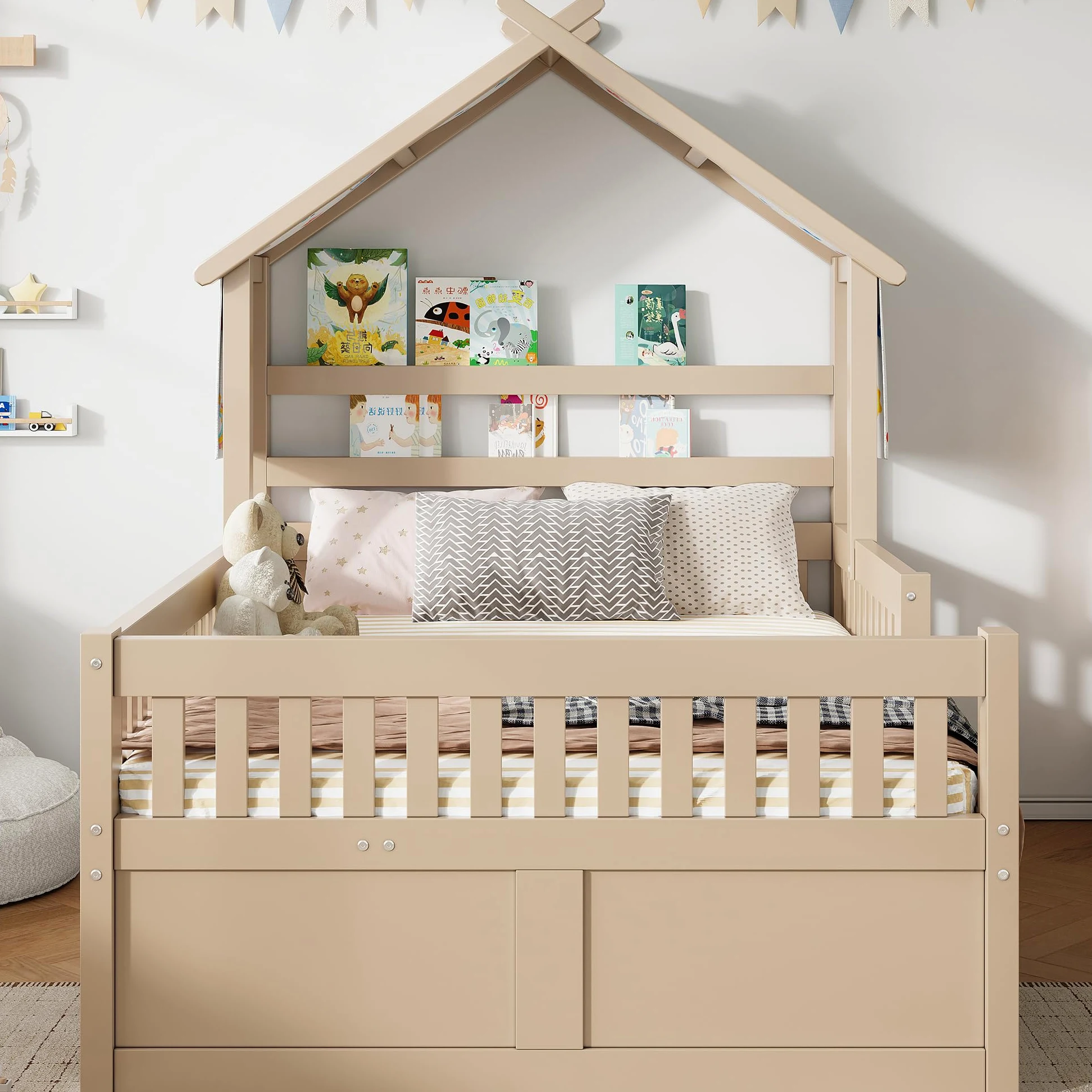 Letto Casetta per Bambini 140 x 200cm con Letto Estraibile, 3 Cassetti e Sponde di Sicurezza, Letto a Forma di Casa con Rete a doghe, Struttura letto in pino (Senza Materasso) Crema