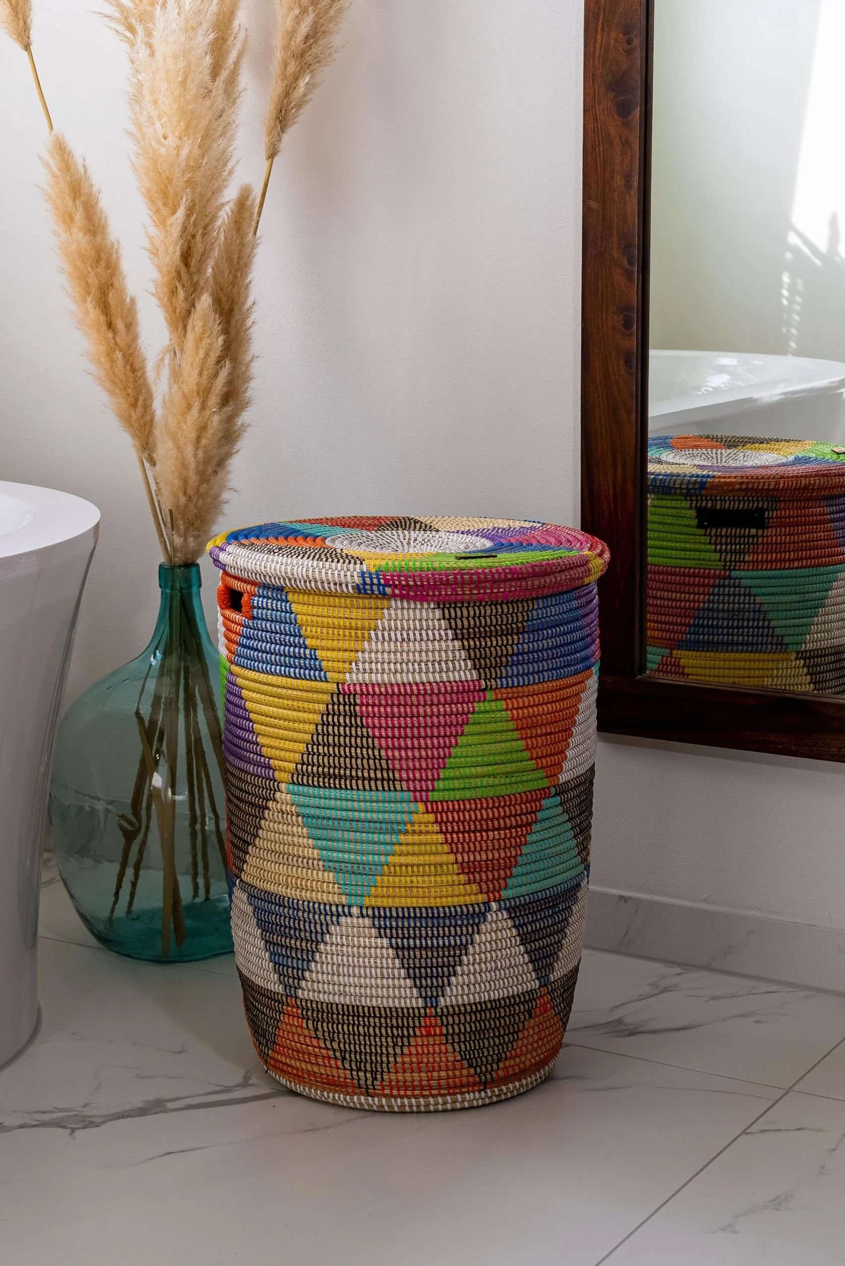 YAADU Cesto per biancheria con coperchio 80L - Raccoglitore per biancheria XXL, cesto con coperchio grande, scatole per biancheria, cesto africano, Modello Khaliss (Triangoli-Colorati-Piatti)
