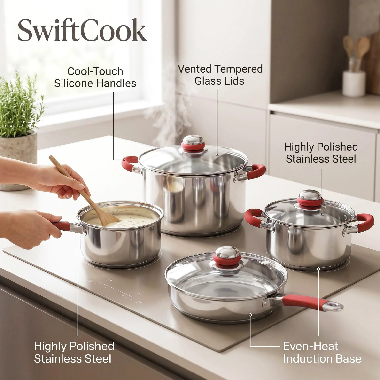 Fockety Set di pentole, set da 6 pezzi in acciaio inox con coperchi in vetro, base rinforzata a triplo strato per tutti i piani cottura, ideale per la cucinas di tutti i giorni (rosso)