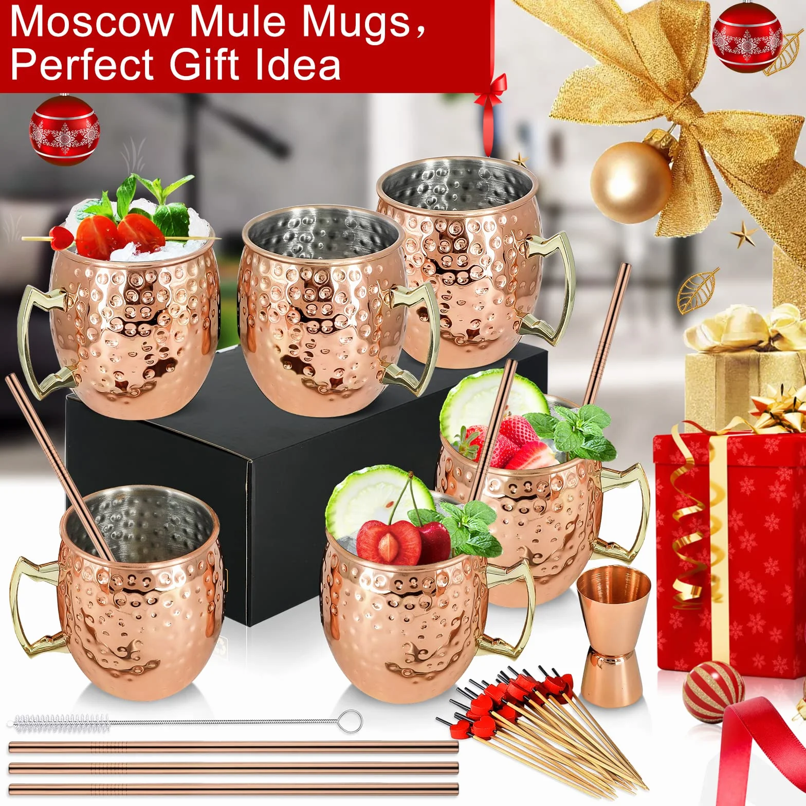SuproBarware Set regalo Moscow Mule Tazze in rame 540 ml set di 6 acciaio inossidabile placcato rame fatte a mano con manico