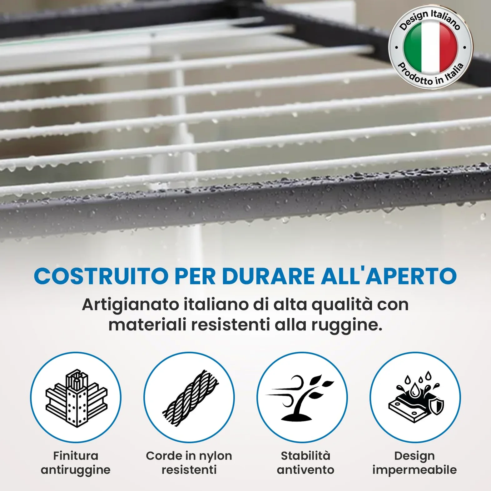Flo.mar Stendino da Balcone e Parete 150x70 cm - Kit Montaggio Incluso - Stendibiancheria da Esterno Ribaltabile e Salvaspazio in Alluminio - 8 Cavi in Nylon - Stendipanni a Scomparsa (Flip)