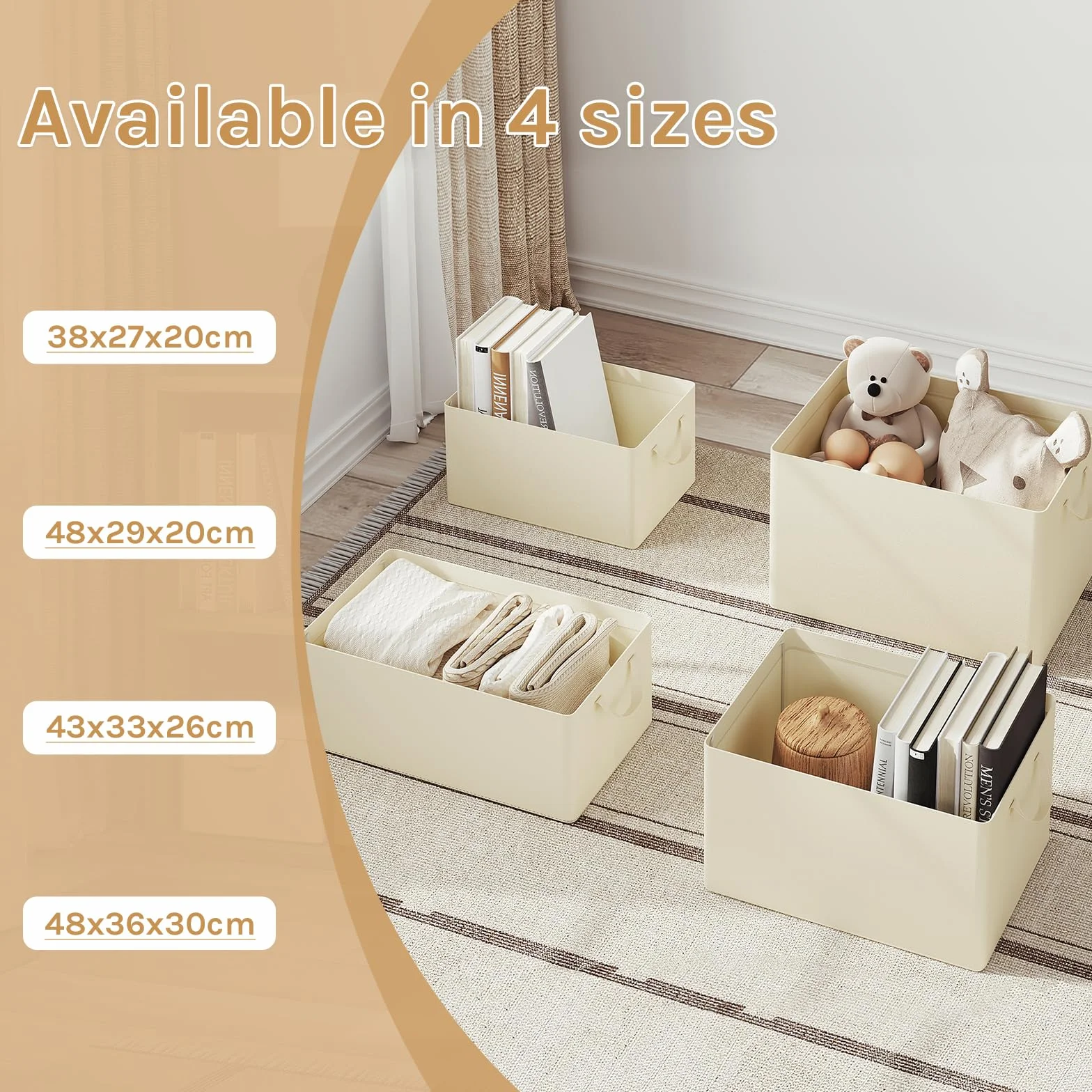 WOLTU Scatola Portaoggetti Pieghevole, Set di 3 Ceste in Tessuto, Cubo Portaoggetti, 38x20x27 cm, Crema