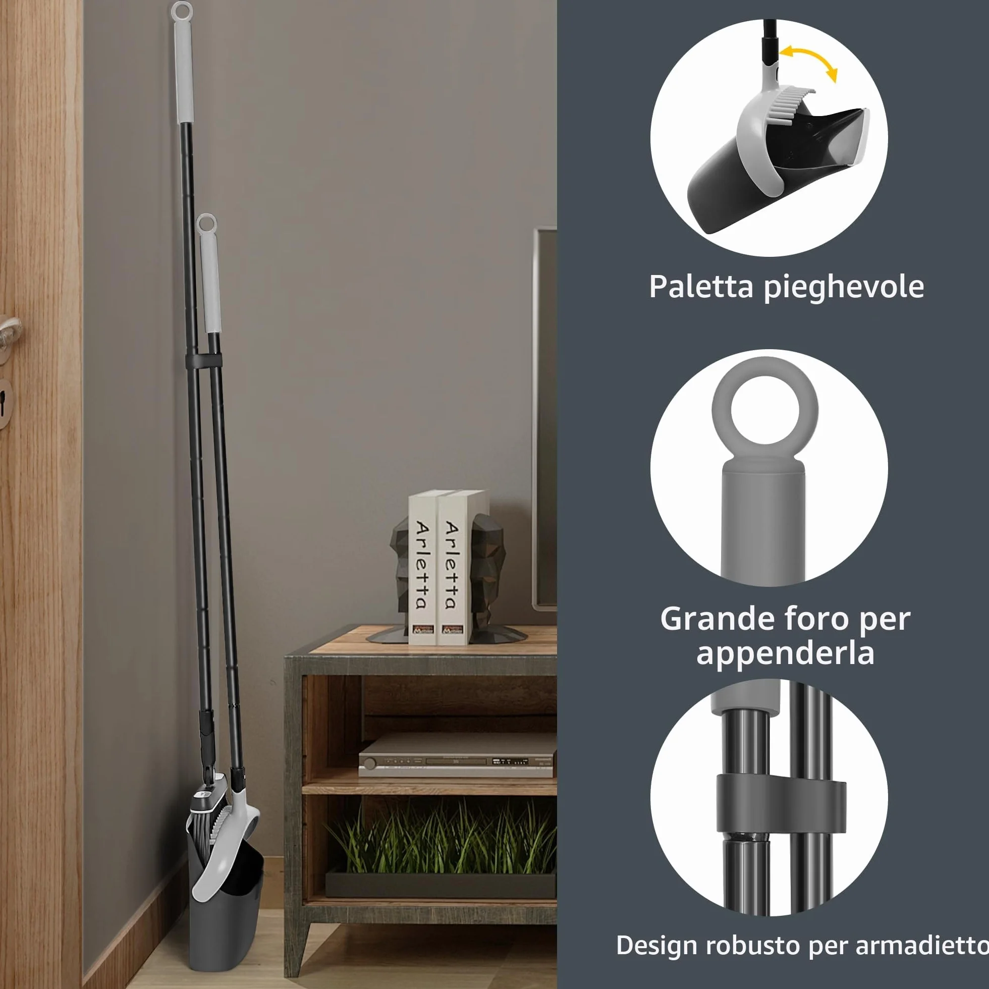 JEHONN Set di Paletta e Spazzola con Manico Lungo, Scopa Alta e Paletta Verticale in Acciaio Inox con Scopa a Girevole a 180 Gradi, 1 Porta Spazzole per Interni, Giardino, Lobby (Nero e Grigio)