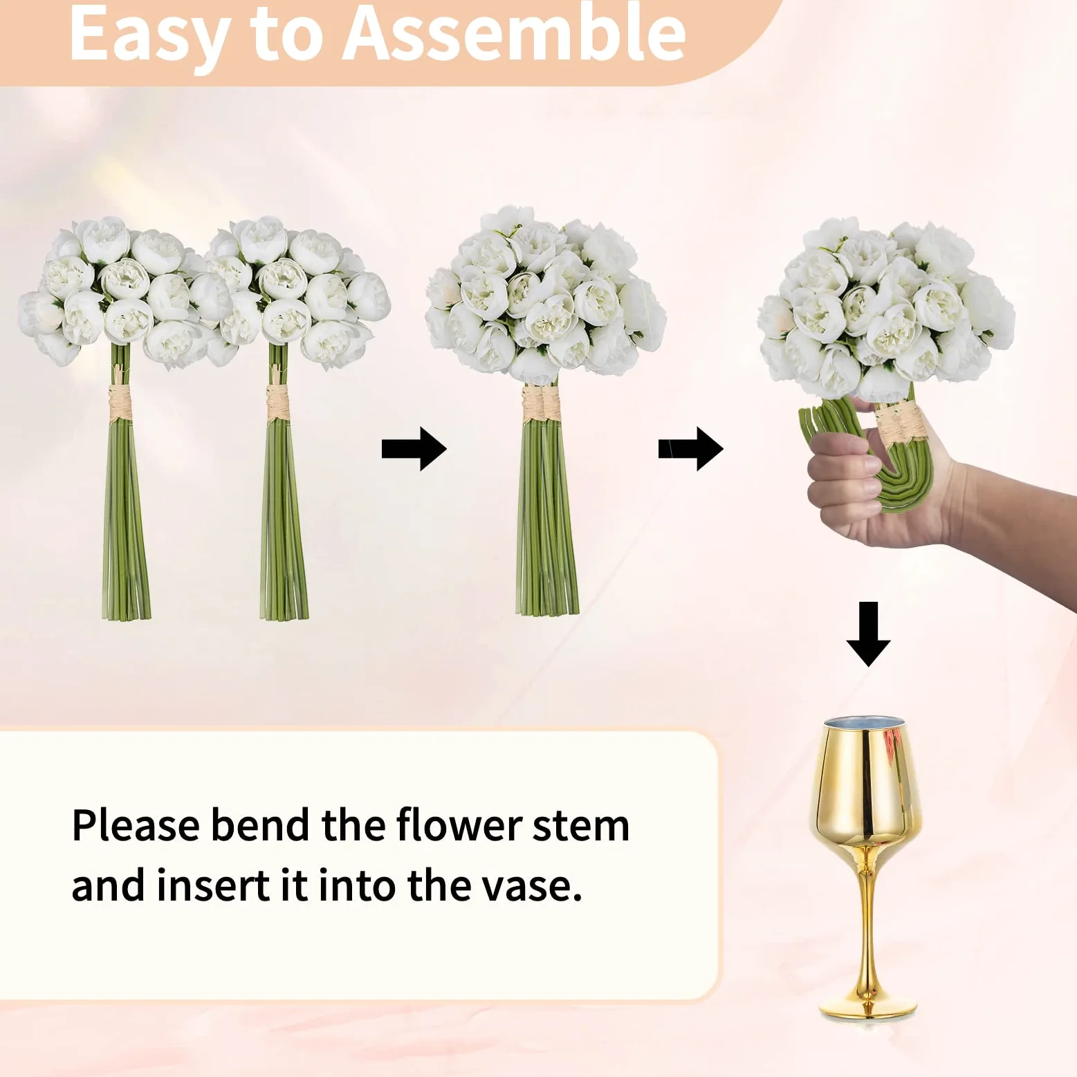 NUPTIO Piccolo Vaso di Vetro con Fiori: 2 Set 21cm Vasi D'oro con Fiori Artificiali Bianchi per Centrotavola Matrimonio, Finta Peonia Composizione Bouquet per Festa Compleanno Decorazioni per Casa