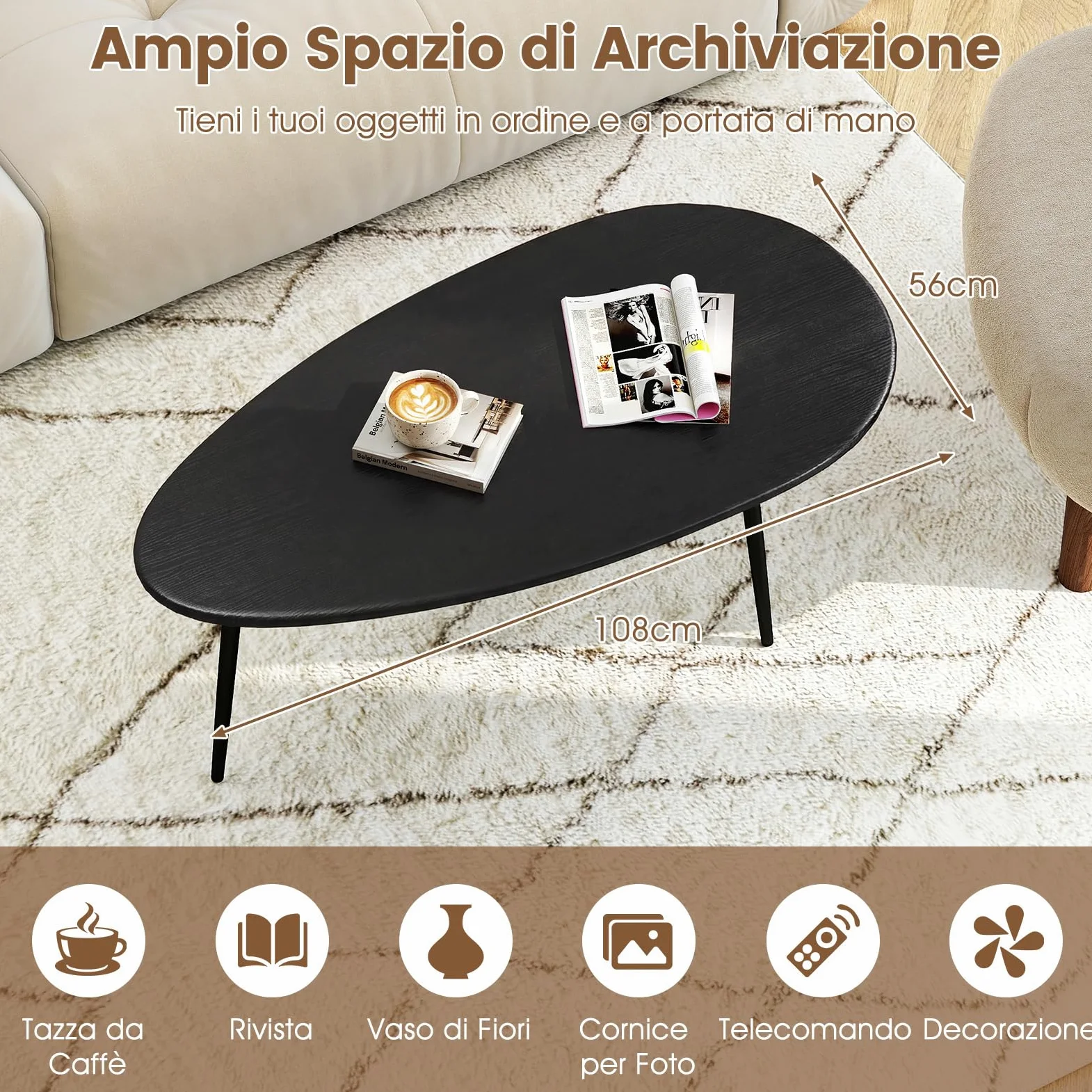 COSTWAY Tavolino da Salotto Ovale, Tavolino da Caffè con Struttura Metallica Robusta e Design Compatto, Tavolo Basso per Soggiorno, Ufficio e Lounge (Nero)