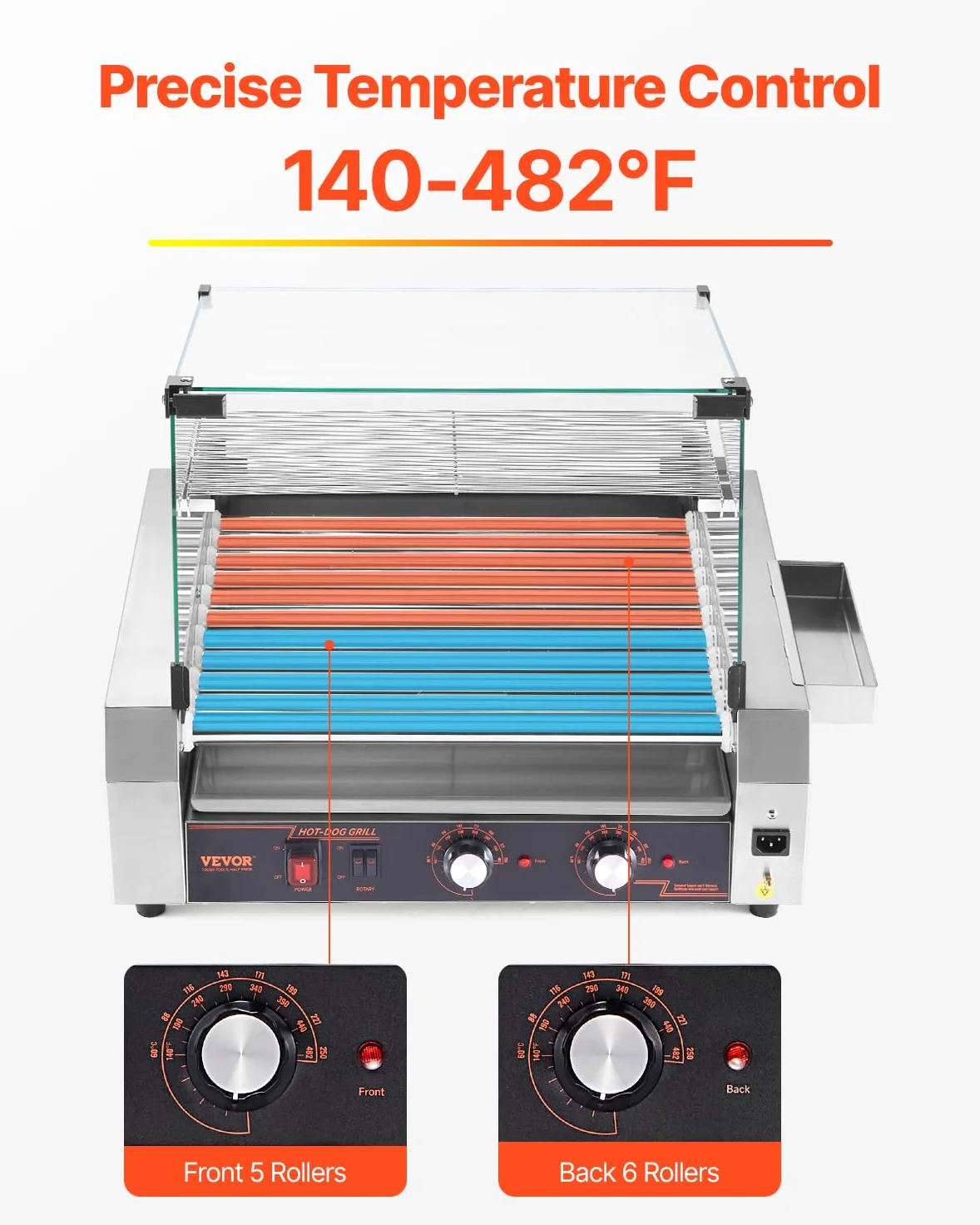 VEVOR Rullo per Hot Dog, 30 Hot Dog 11 Rulli, Cuocitore per Salsicce in Acciaio Inox 2200 W con Doppio Controllo della Temperatura, Contenitore Laterale, Ripiano Rimovibile e Vassoio Raccogli-Olio