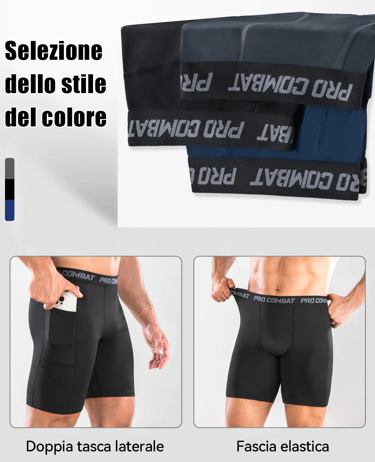Pantaloncini Compressione Uomo Fitness con Tasca per Cellulare