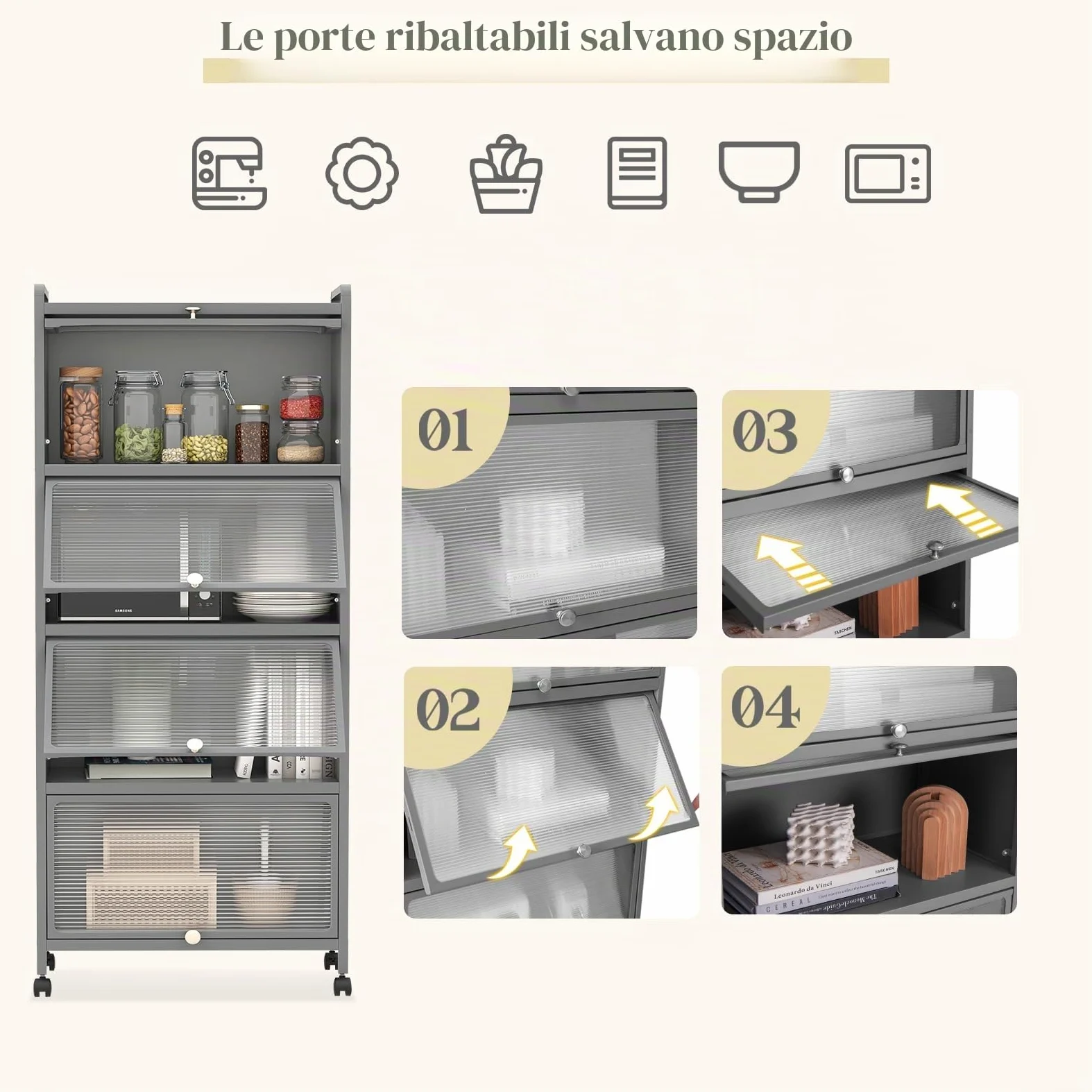 KOMFOTTEU Mobile Dispensa Cucina a 5 Livelli, Mensola Microonde con Anta a Vista, Ruote, Dispositivo Antiribaltamento, Scaffale da Cucina in Ferro per Soggiorno, Sala da Pranzo, 60x32x154cm (Grigio)