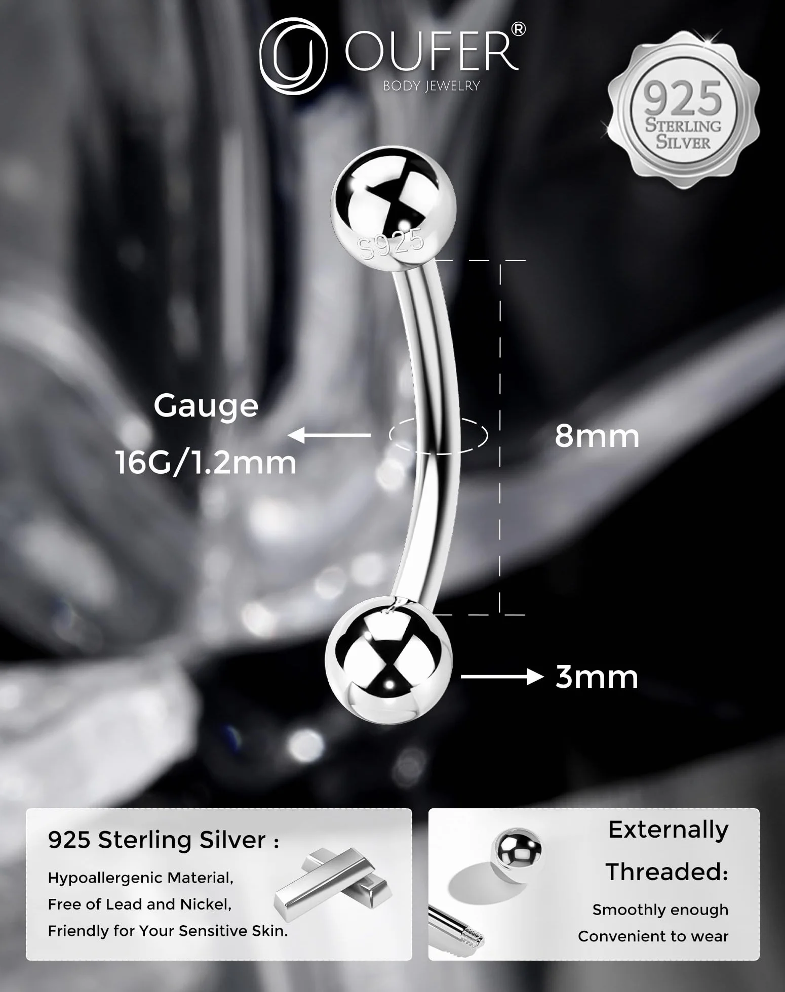 OUFER 16G 8 mm Argento 925 Curved Barbell Helix Rook Piercing Donna Uomo Cartilage Earring