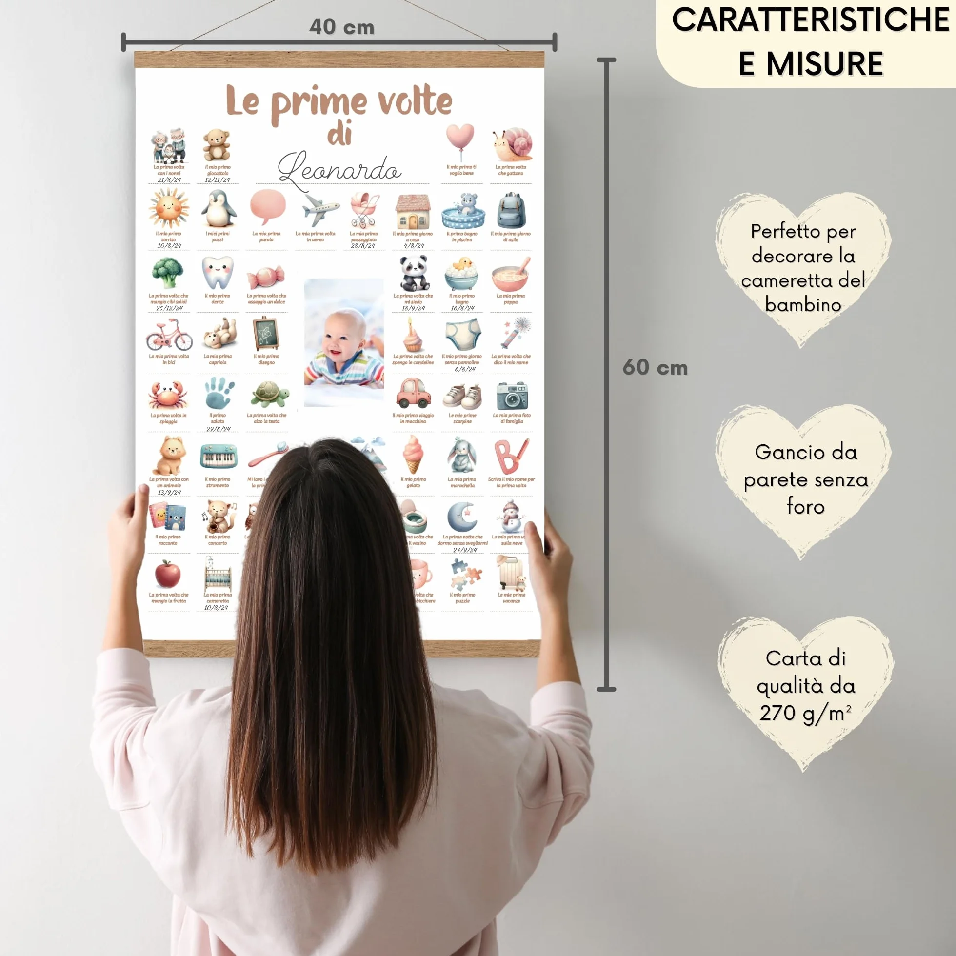HuBorns - Poster Le Mie Prime Volte per Seguire le Tappe Fondamentali del Neonato, Regalo Neonato Maschio e Femmina, Decorazione Cameretta, Include Strisce di Legno per Appendere e Spazio per Foto