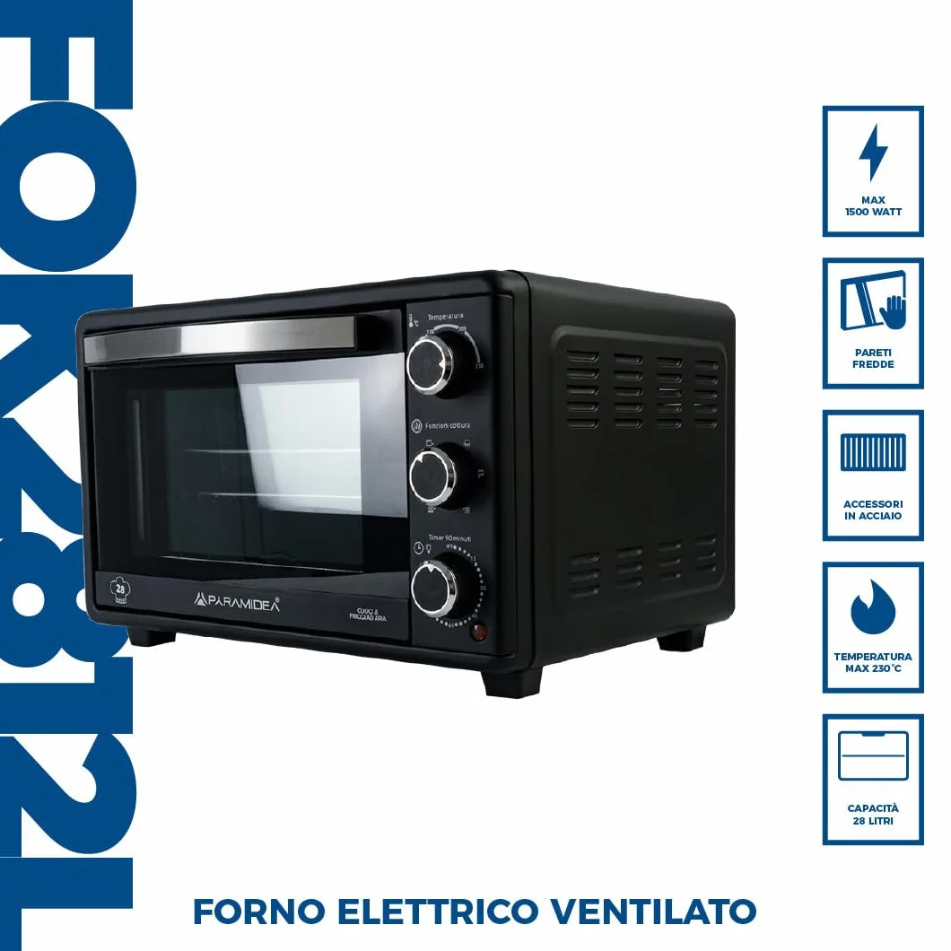 Forno Elettrico Ventilato 28 Litri 1500W Acciaio Inox Lavastoviglie Timer 90 min FOK2812
