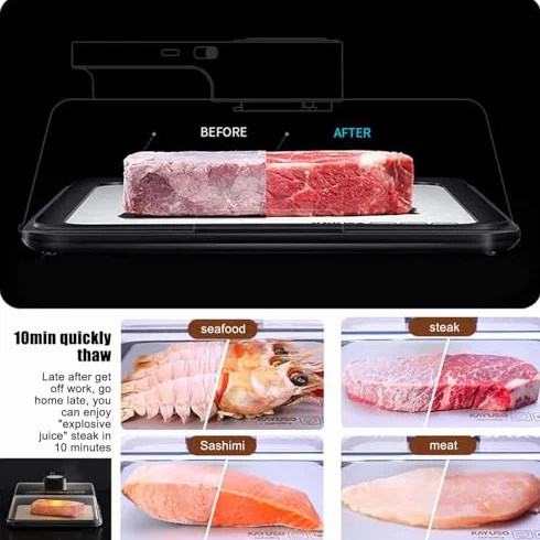 Vassoio per scongelamento rapido per carne congelata, tappetino per scongelamento intelligente con tecnologia di flusso d'aria, include coperchio e timer, ricaricabile, ideale per bistecca, pollo