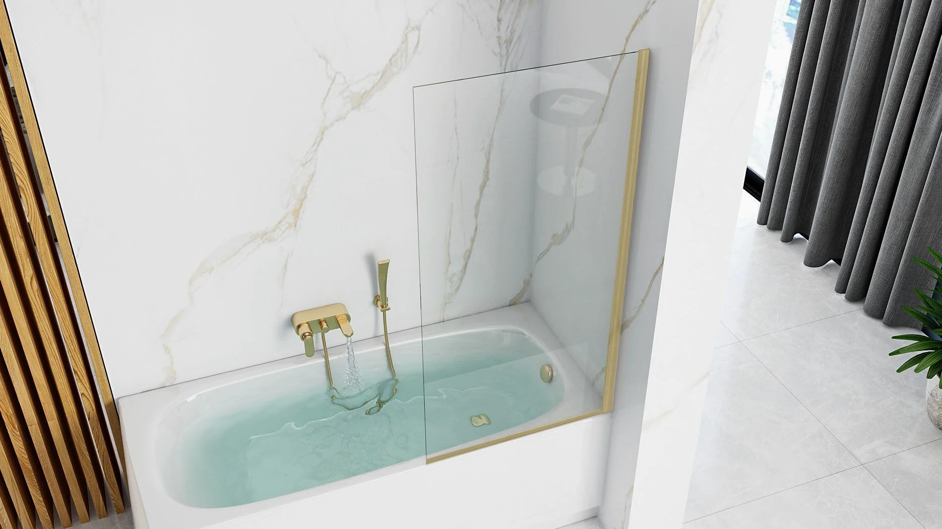Rea - Parete Vasca Elegant Gold Brush 70 X 140 cm Sopravasca A Parete, Vetro Di Sicurezza 5 mm (Finitura Profilo: Brush Gold)