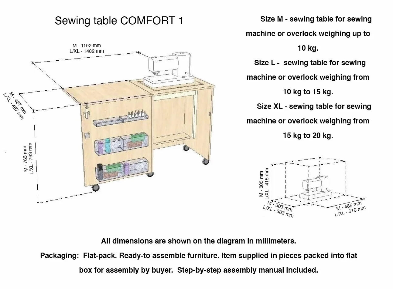 Comfort 1 | Mobiletto per Macchina da Cucire | (Lakeland Acaia Light, L (Air-lift 10 to 15 kg))