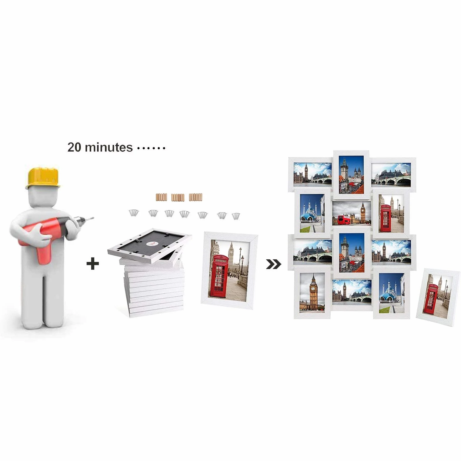 SONGMICS Cornice 10x15 cm Multifoto da Parete Posti di Foto e Un Portafoto Singolo da Tavolo Bianco con Venatura del Legno RPF112W, Confezione da 12, unità