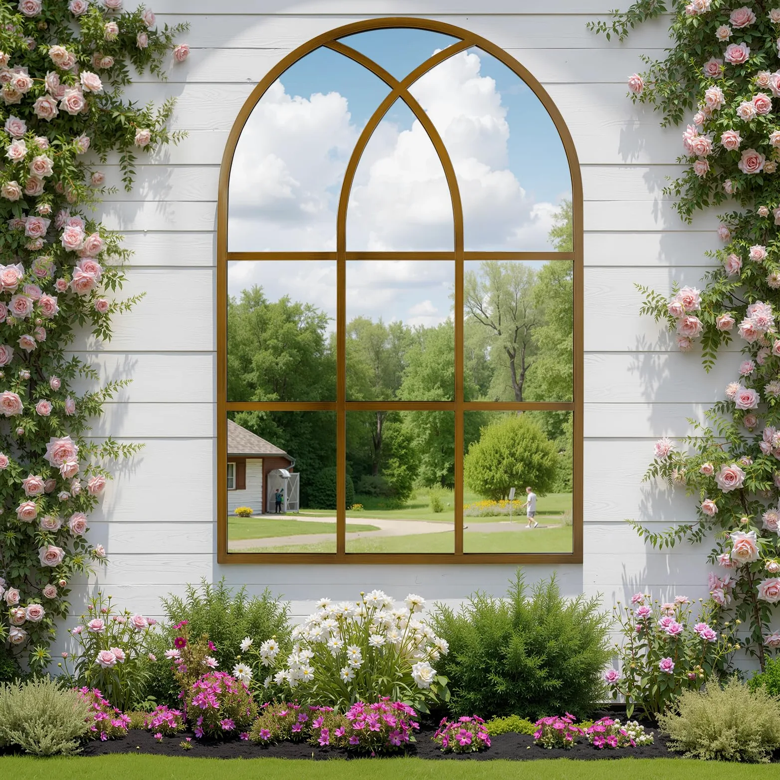 Reflix Specchio ad arco per finestra, 75 x 120 cm, specchio da parete per decorazione giardino all'aperto, specchio ad arco gotico invecchiato con cornice in alluminio per corridoio, soggiorno, camera