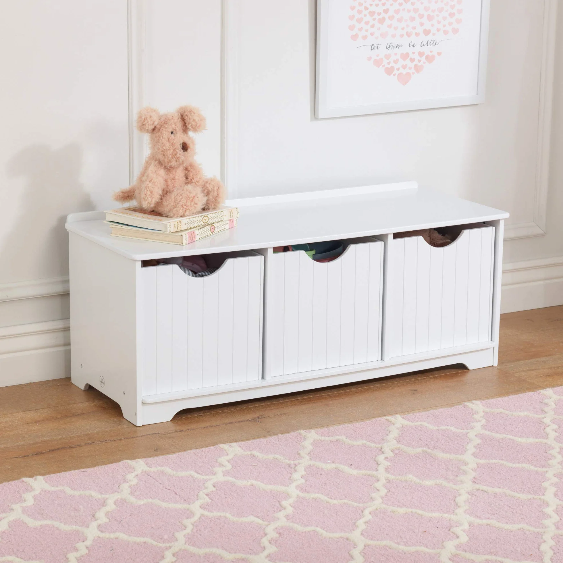KidKraft Panca Contenitore in Legno Nantucket Bianco con 3 Cassetti Portaoggetti, Mobile Porta Giochi Bambini, Mobili per Cameretta e Sala Giochi per Bambini, 14564