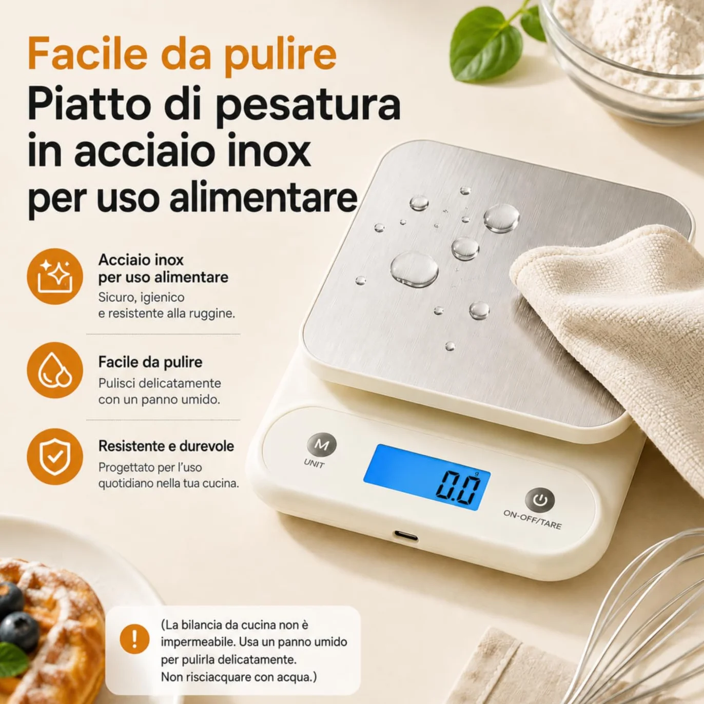 Meilen Bilancia da Cucina Digitale 11 LB/0.1 OZ, Bilancia di Precisione 5 KG / 0.1 G per cucinare e cuocere al forno, Batteria al litio integrata da 300 mAh, Ricarica di tipo C, Bianca