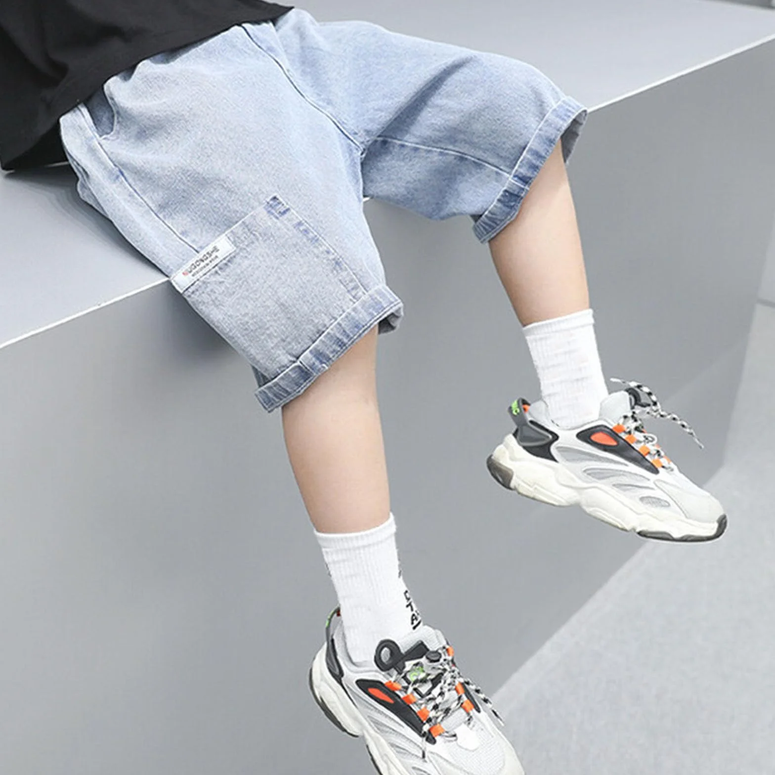 Pantaloncini da jogging in denim per bambini con coulisse e tasche 3-12 anni