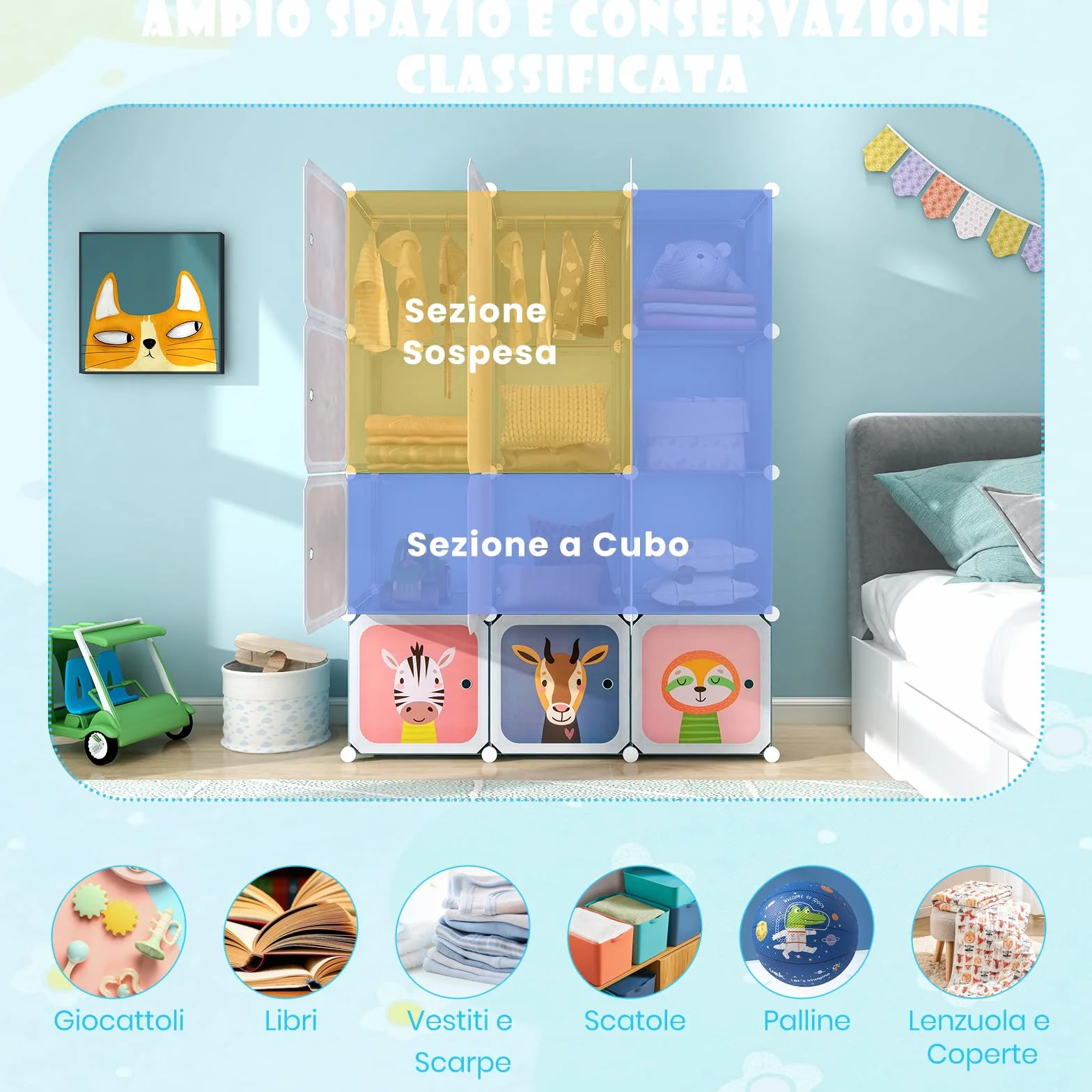 RELAX4LIFE Armadio Modulare a 8/12 Cubi per Bambini con 2 Barre Appendiabiti, 8/12 Ante, Mobile Salvaspazio per Cameretta e Asilo Nido, Portata di Ogni Cubo 10 KG (Animale-12 Cubi,Blu)
