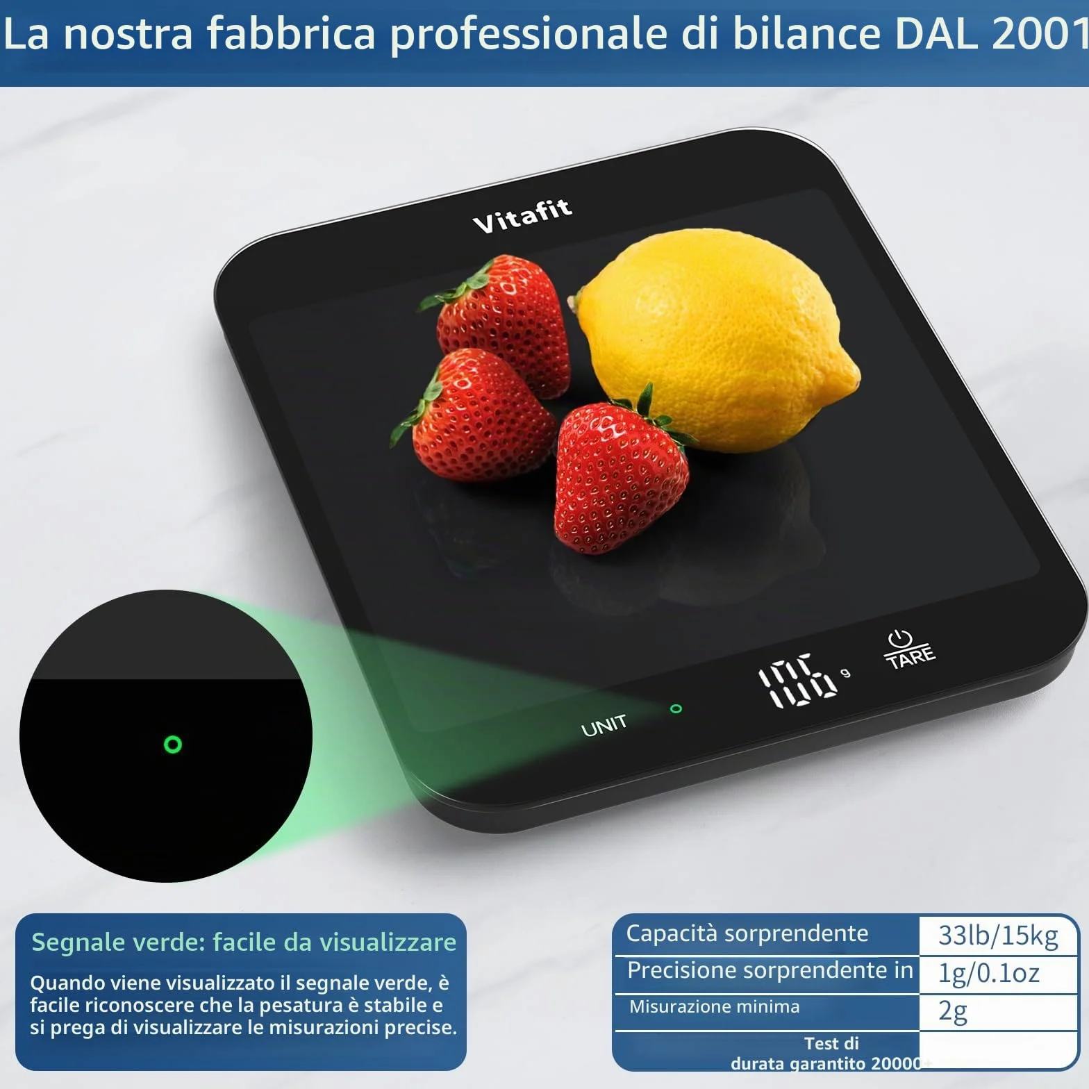 Bilancia Cucina Digitale Vitafit 15kg Precisione 1g 215x180mm Nera
