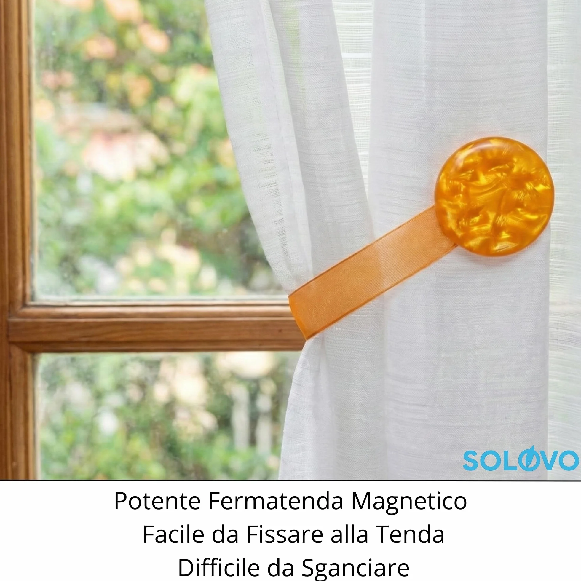 SOLOVO 2 Pezzi Fermatenda Magnetici per Tende, Clip Tenda Effetto Madreperla con Nastro in Organza, Accessori Tende Senza Fori, Arancio