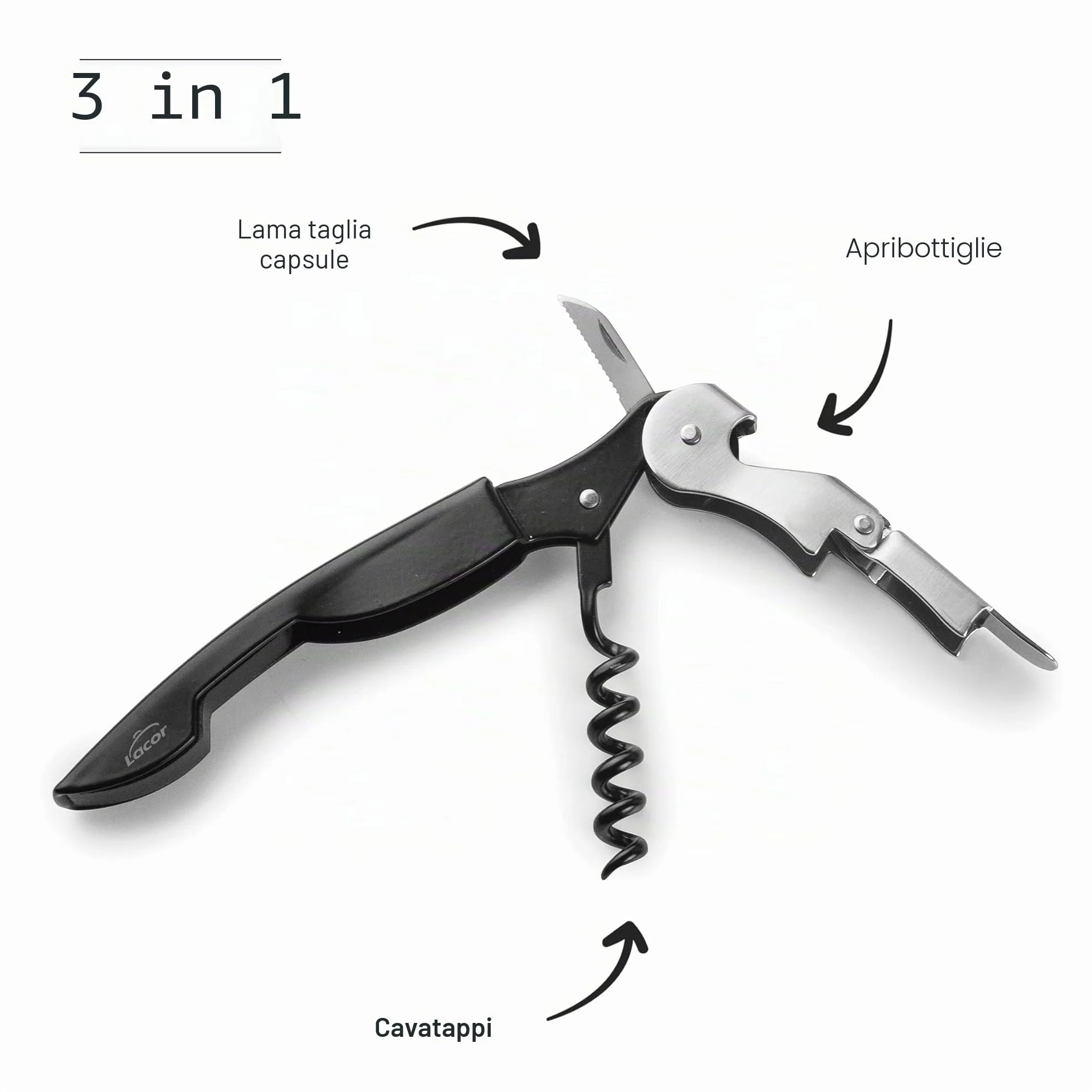 LACOR Cavatappi da Cameriere Luxe 3 in 1 Acciaio Inox z Apribottiglie i Lama Corta Capsule